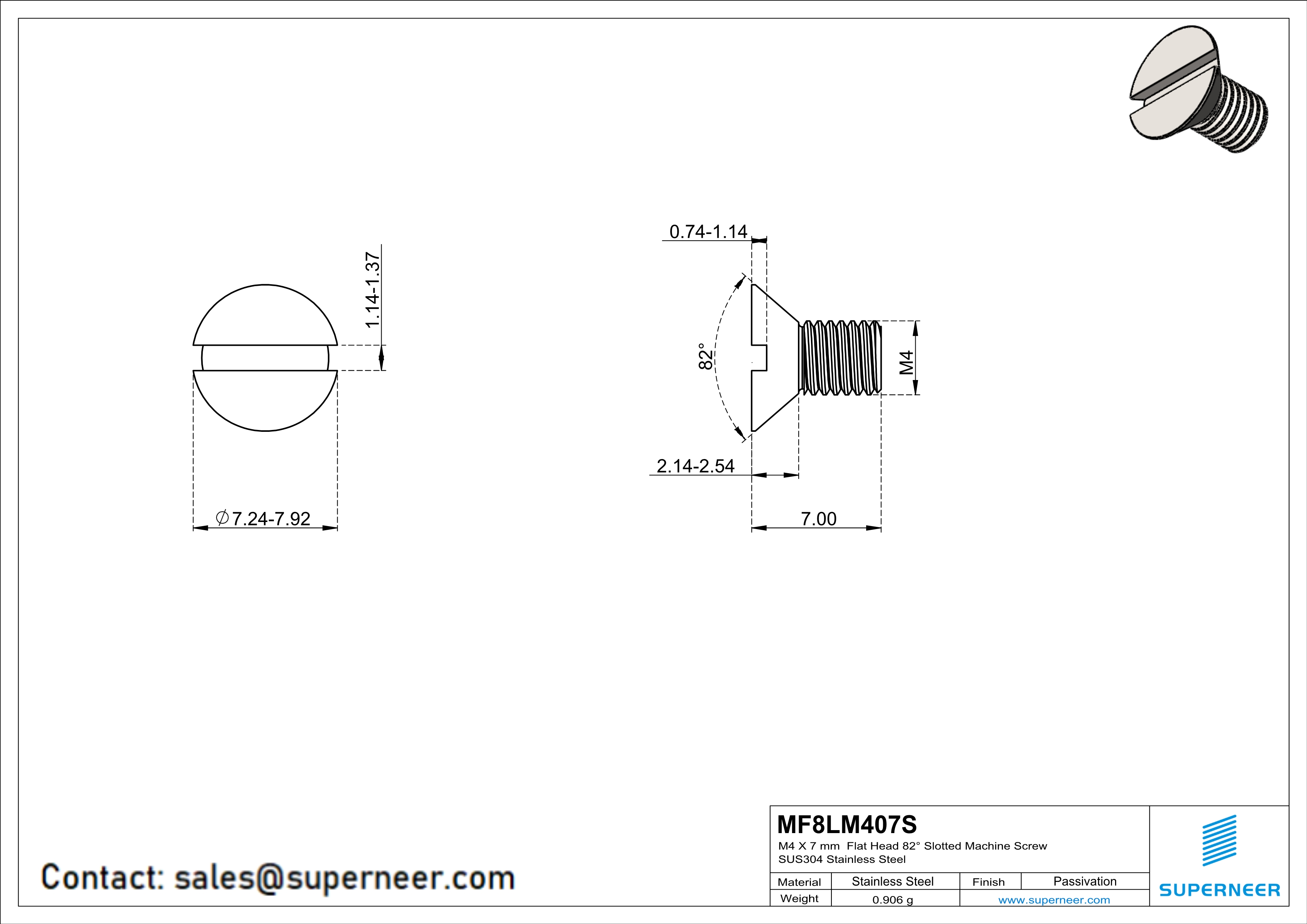 M4 x 7 mm  Flat Head 82&deg; Slotted Machine Screw SUS304 Stainless Steel Inox