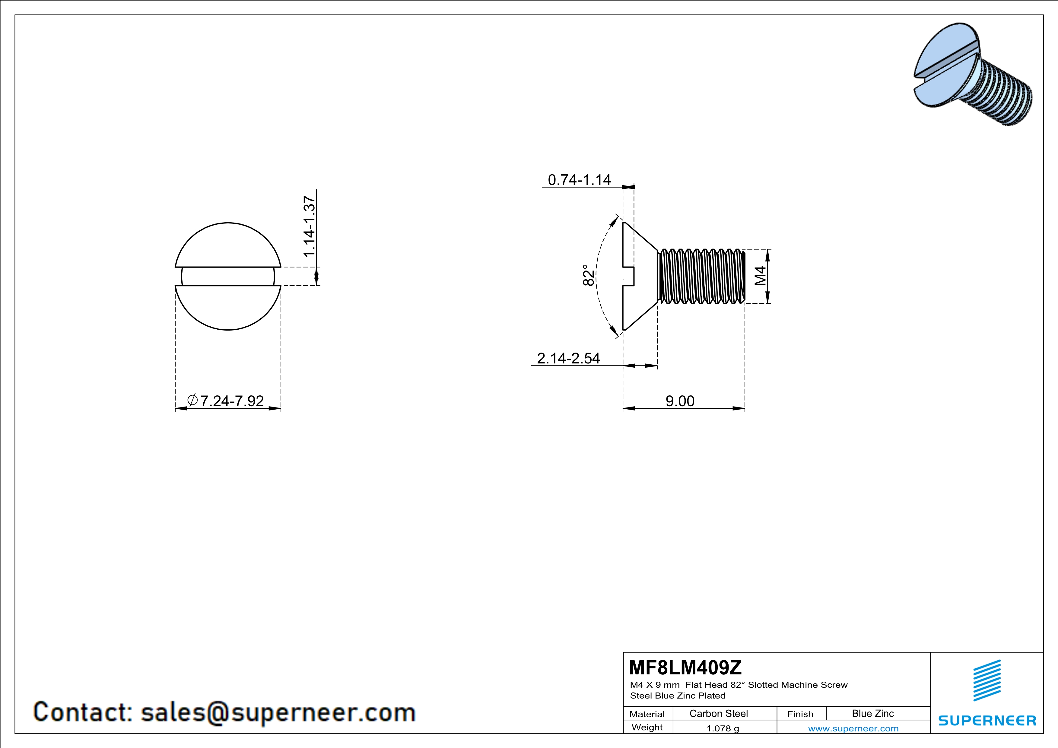 M4 x 9 mm Flat Head 82&deg; Slotted Machine Screw Steel Blue Zinc Plated