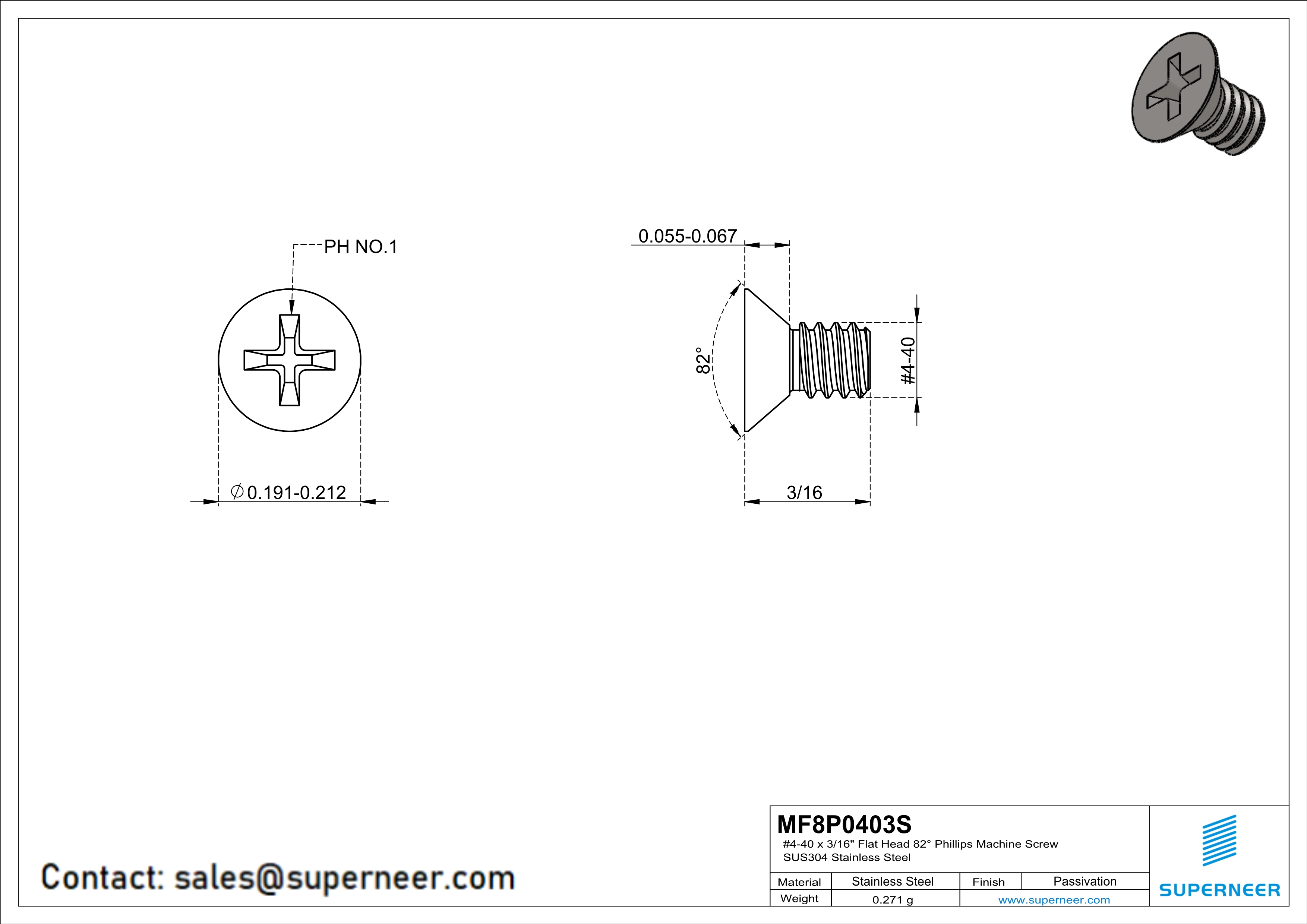 4-40 x 3/16" Flat Head 82&deg; Phillips Machine Screw SUS304 Stainless Steel Inox