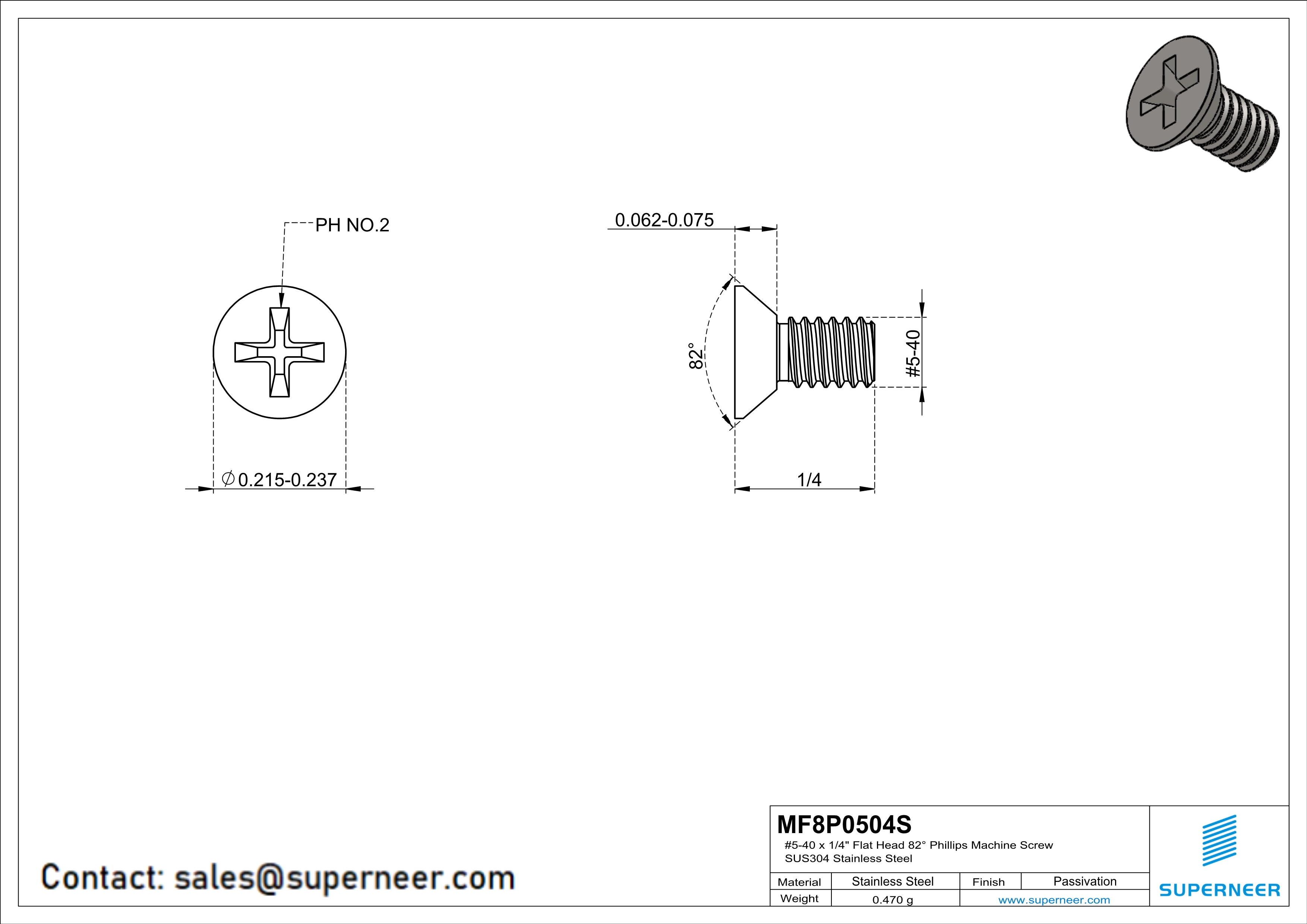 5-40 x 1/4" Flat Head 82&deg; Phillips Machine Screw SUS304 Stainless Steel Inox