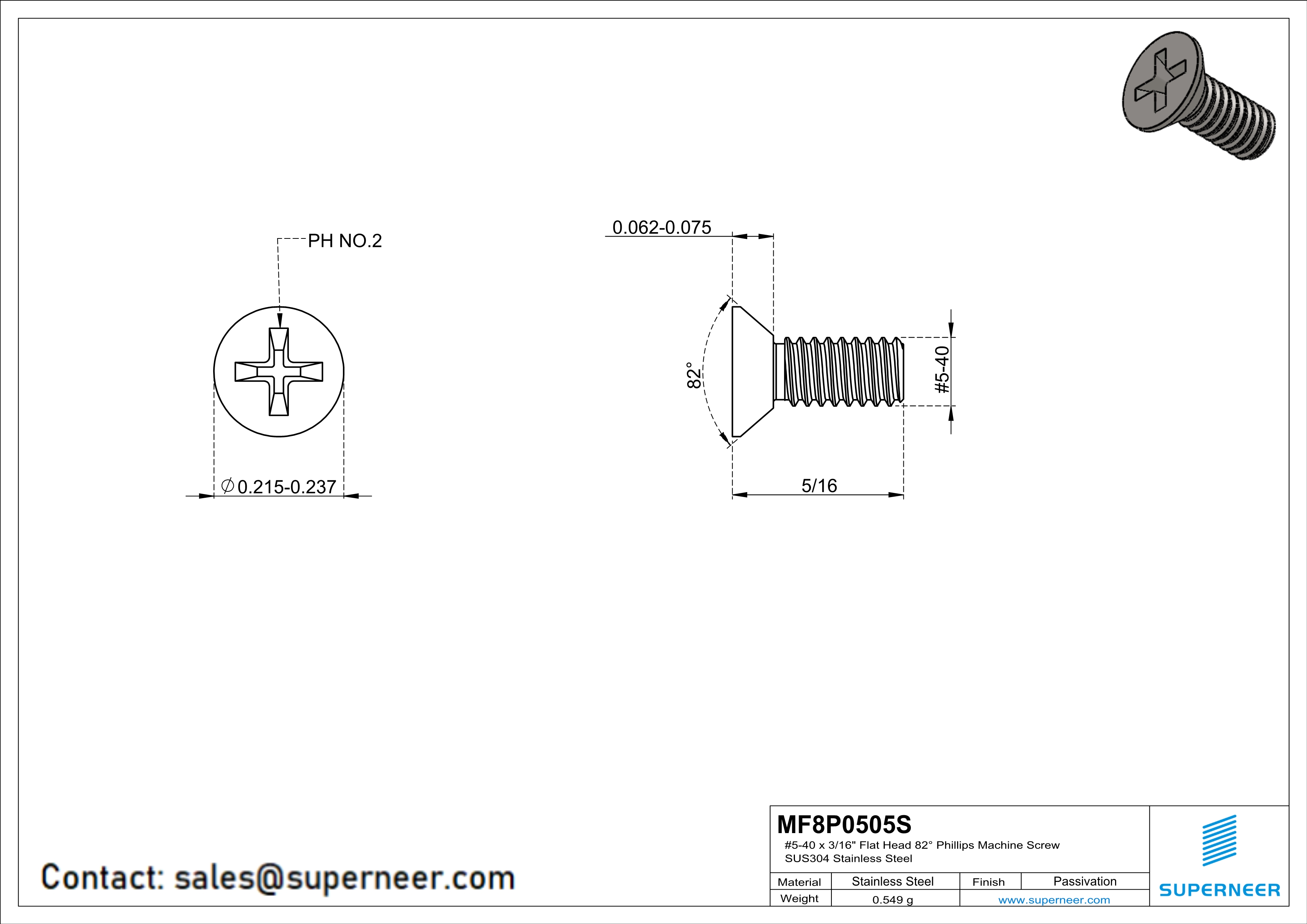 5-40 x 5/16" Flat Head 82&deg; Phillips Machine Screw SUS304 Stainless Steel Inox