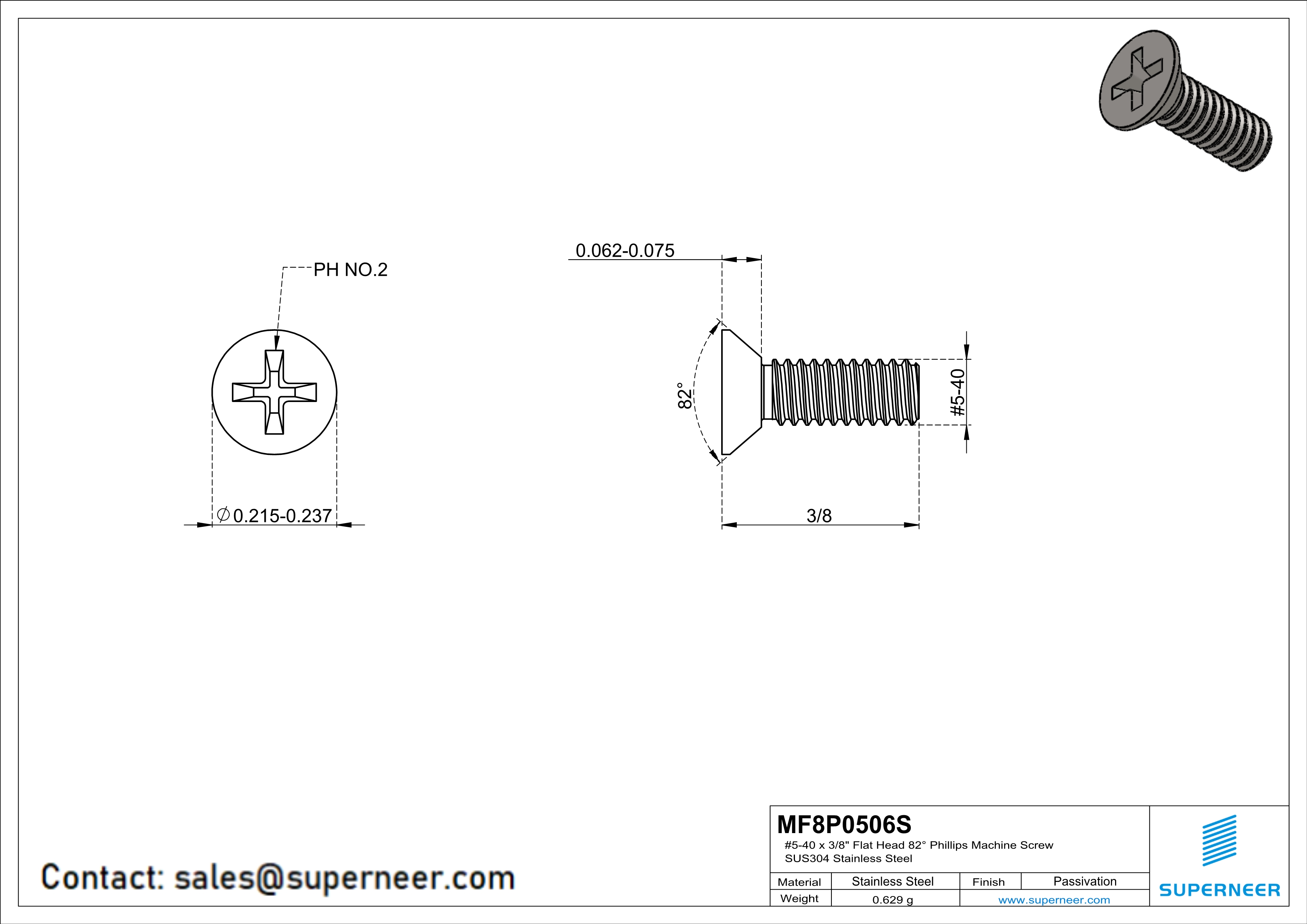 5-40 x 3/8" Flat Head 82&deg; Phillips Machine Screw SUS304 Stainless Steel Inox