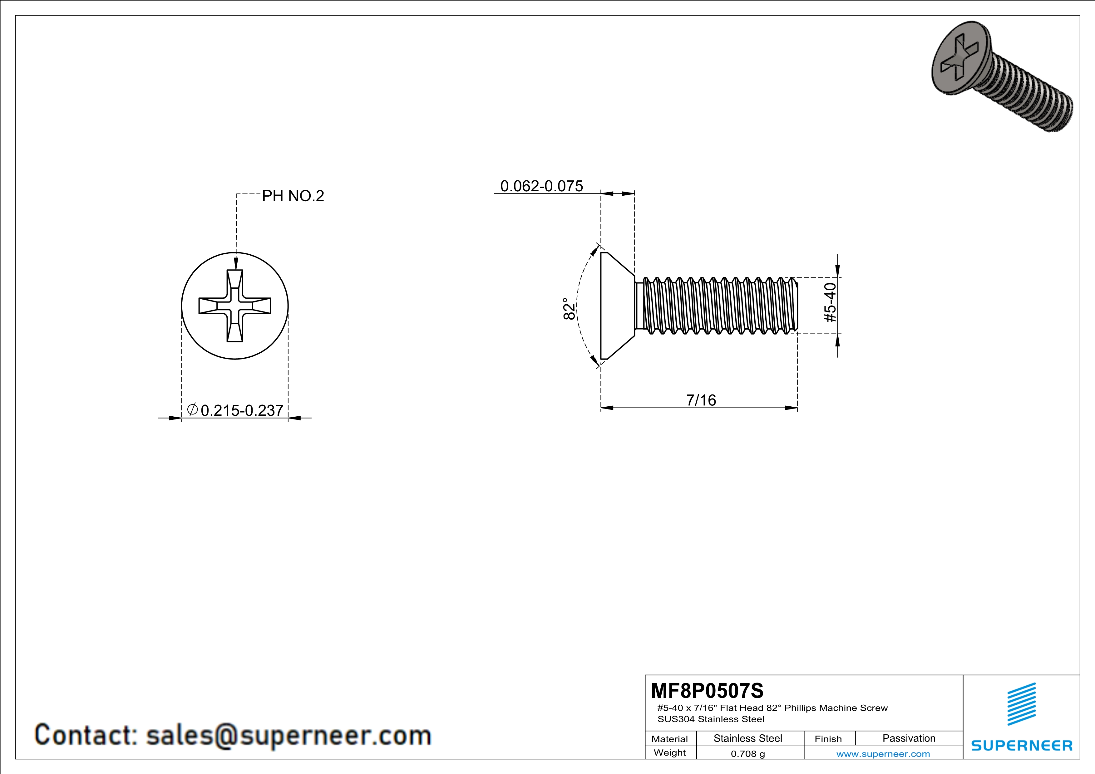 5-40 x 7/16" Flat Head 82&deg; Phillips Machine Screw SUS304 Stainless Steel Inox