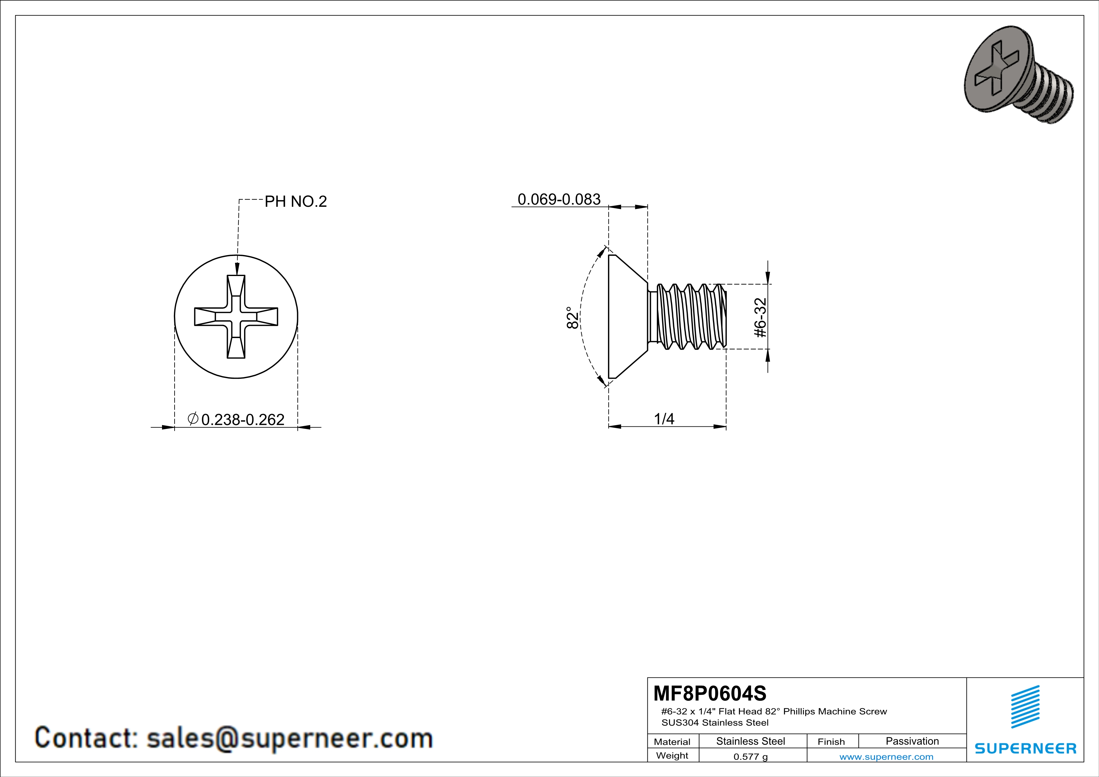 6-32 x 1/4" Flat Head 82&deg; Phillips Machine Screw SUS304 Stainless Steel Inox