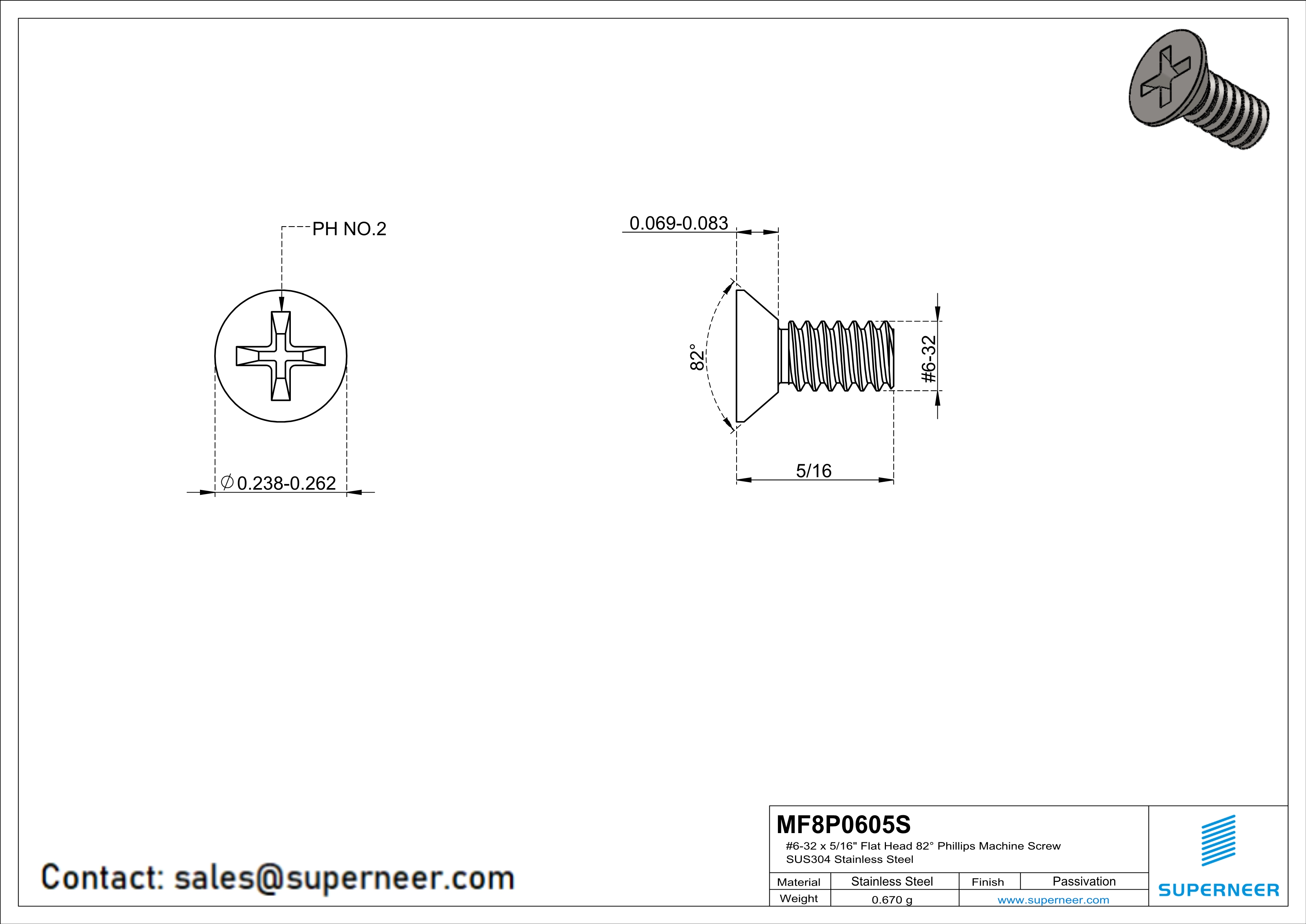 6-32 x 5/16" Flat Head 82&deg; Phillips Machine Screw SUS304 Stainless Steel Inox