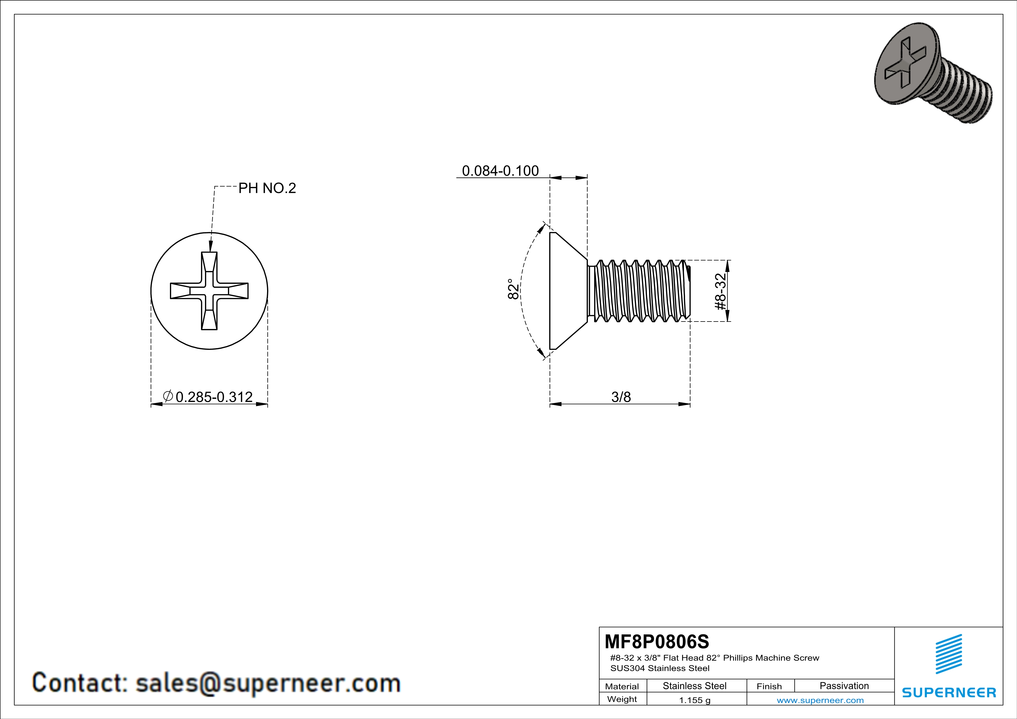 8-32 x 3/8" Flat Head 82&deg; Phillips Machine Screw SUS304 Stainless Steel Inox