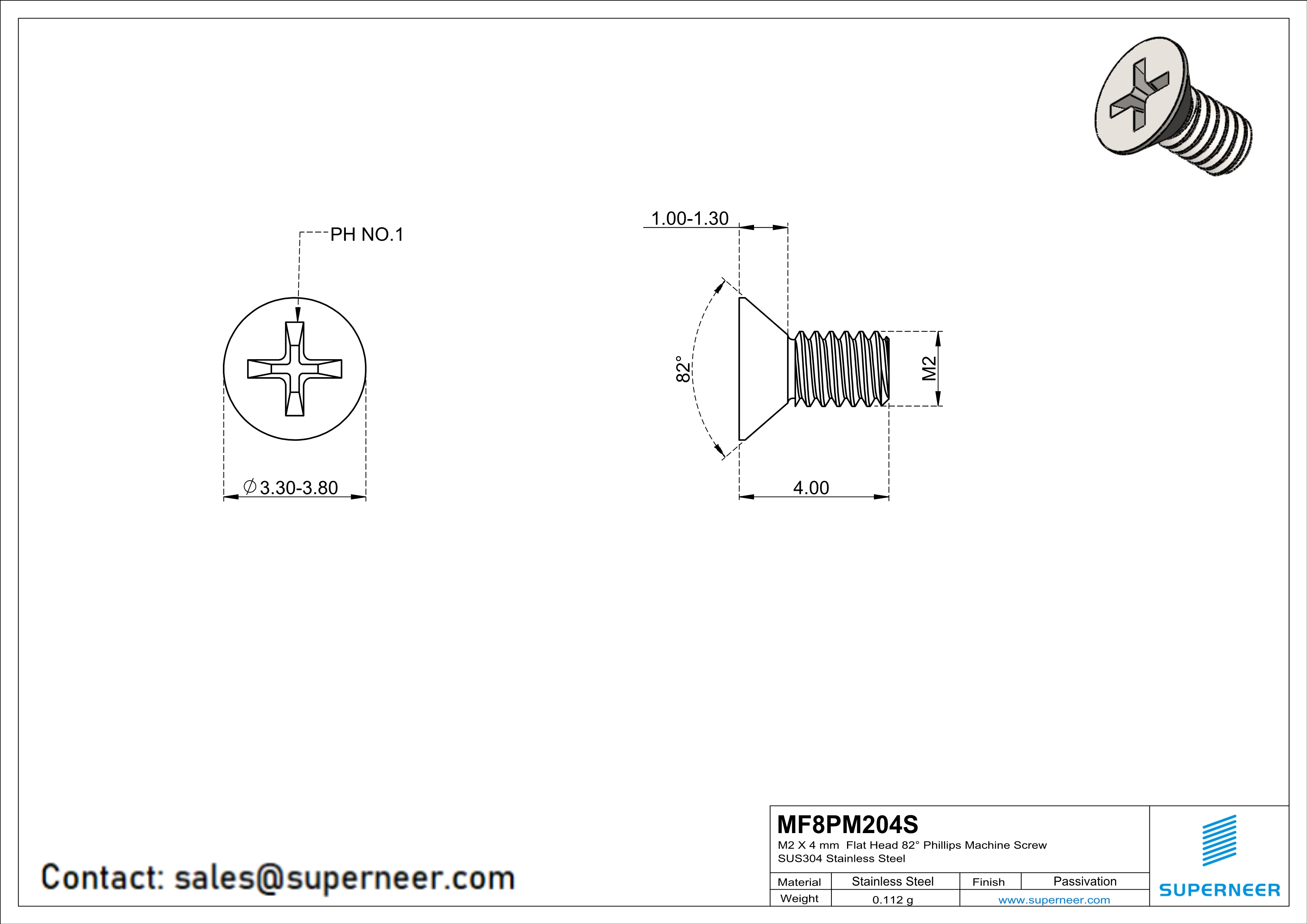 M2 x 4 mm  Flat Head 82&deg; Phillips Machine Screw SUS304 Stainless Steel Inox