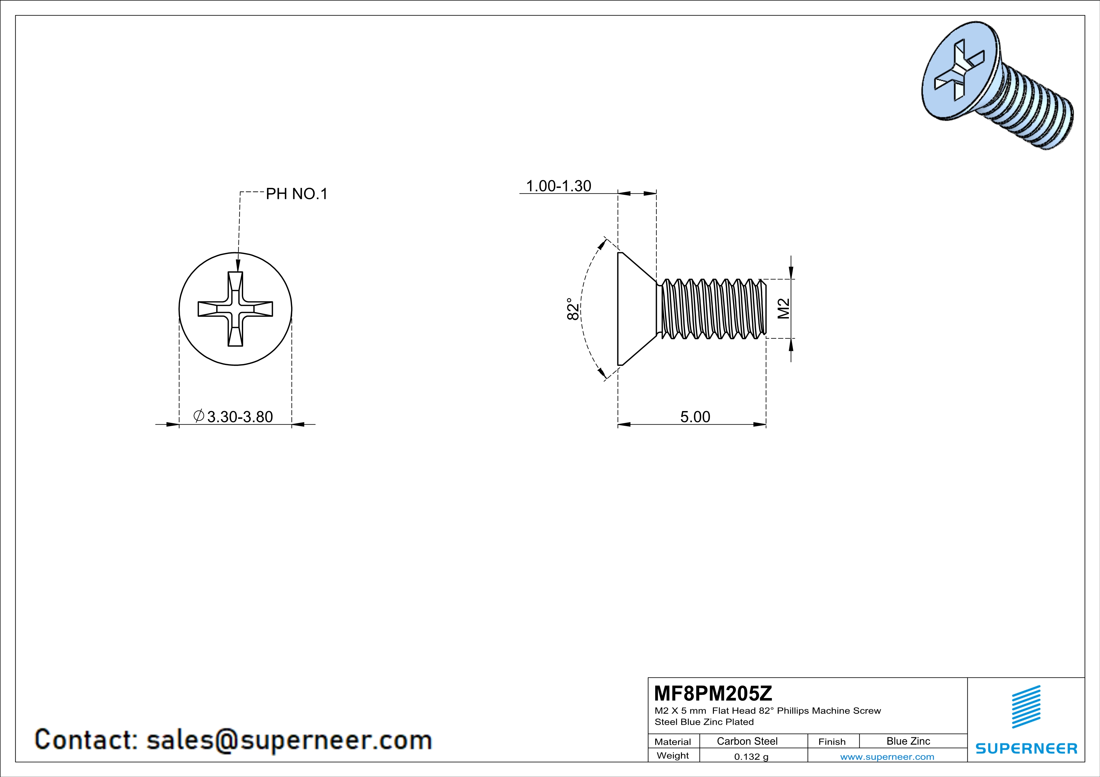 M2 x 5 mm Flat Head 82&deg; Phillips Machine Screw Steel Blue Zinc Plated