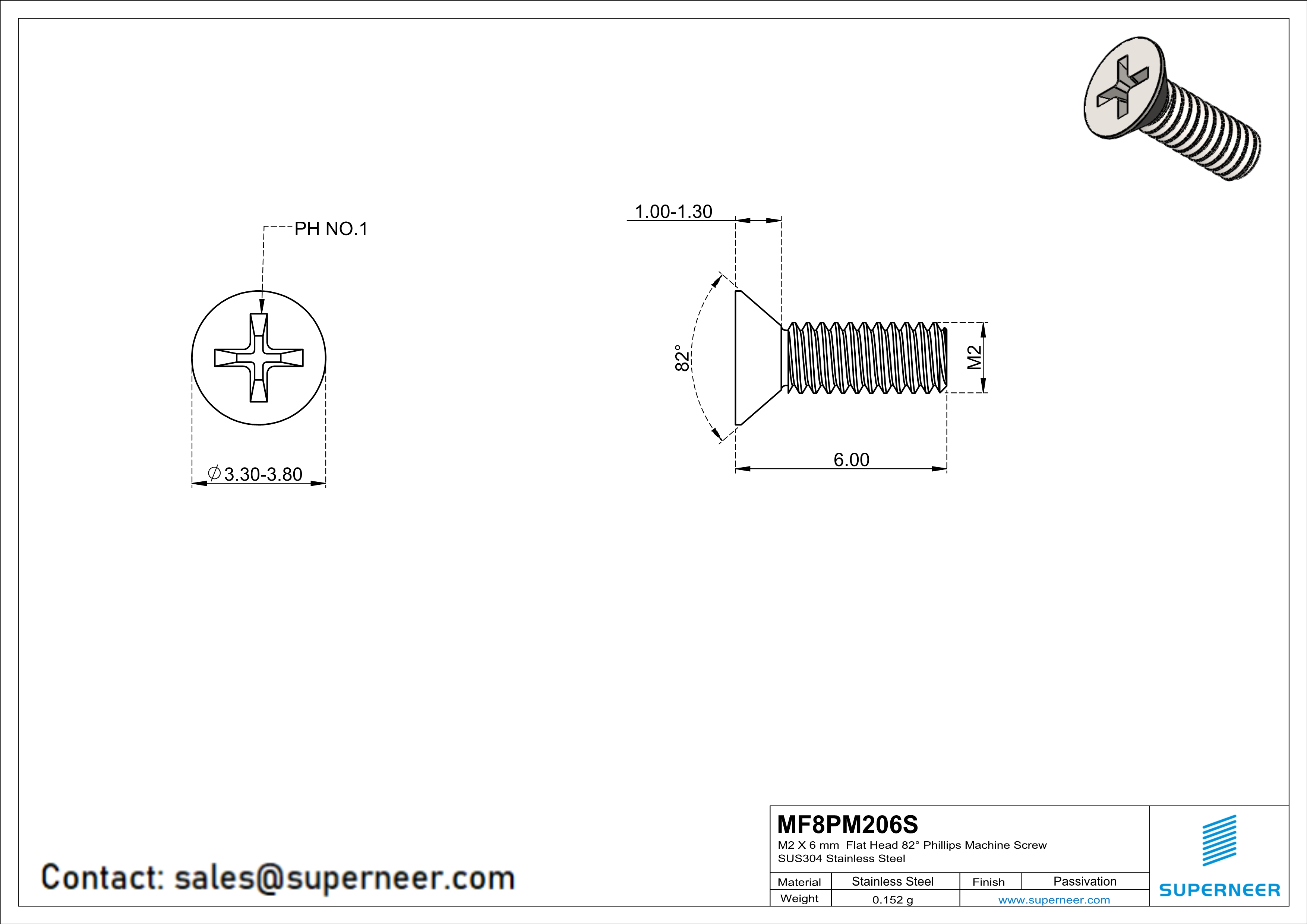 M2 x 6 mm  Flat Head 82&deg; Phillips Machine Screw SUS304 Stainless Steel Inox