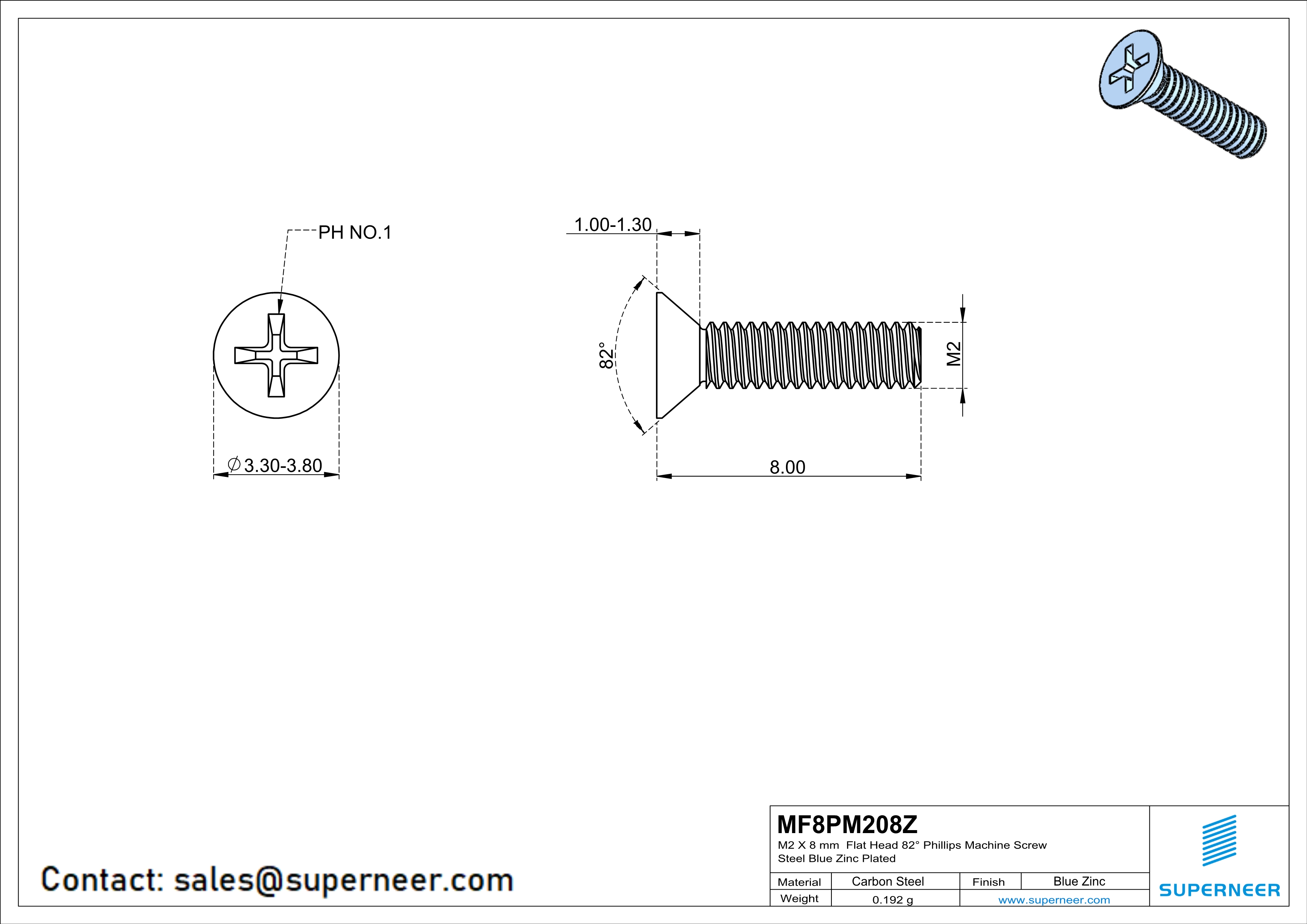 M2 x 8 mm Flat Head 82&deg; Phillips Machine Screw Steel Blue Zinc Plated