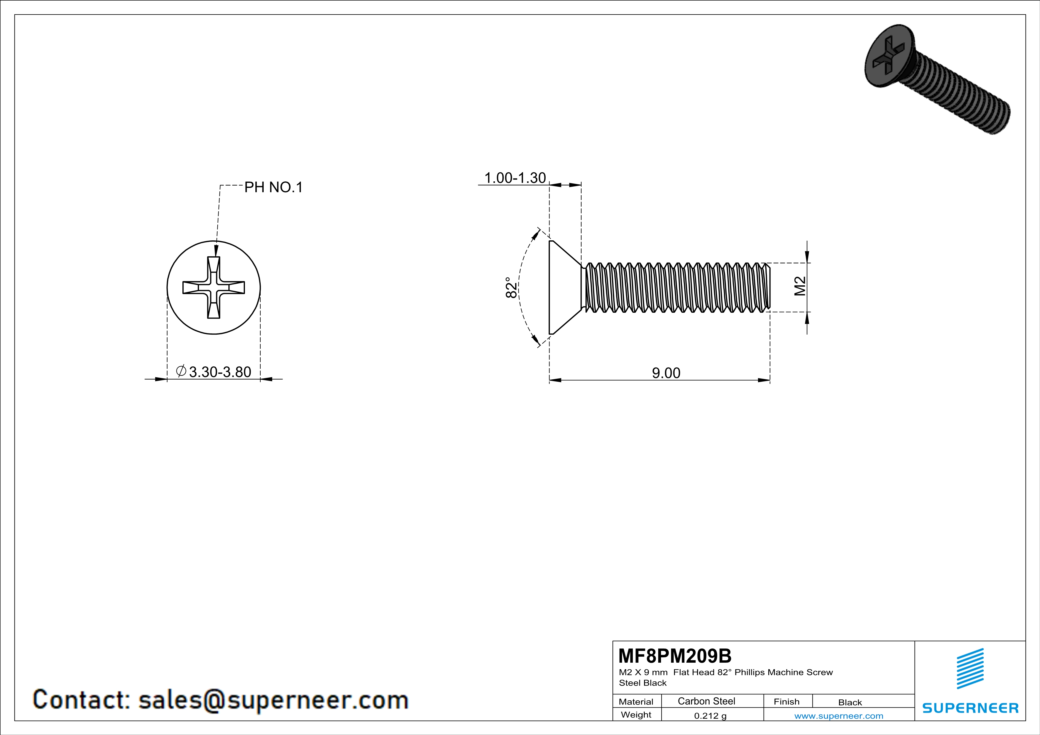 M2 x 9 mm Flat Head 82&deg; Phillips Machine Screw Steel Black