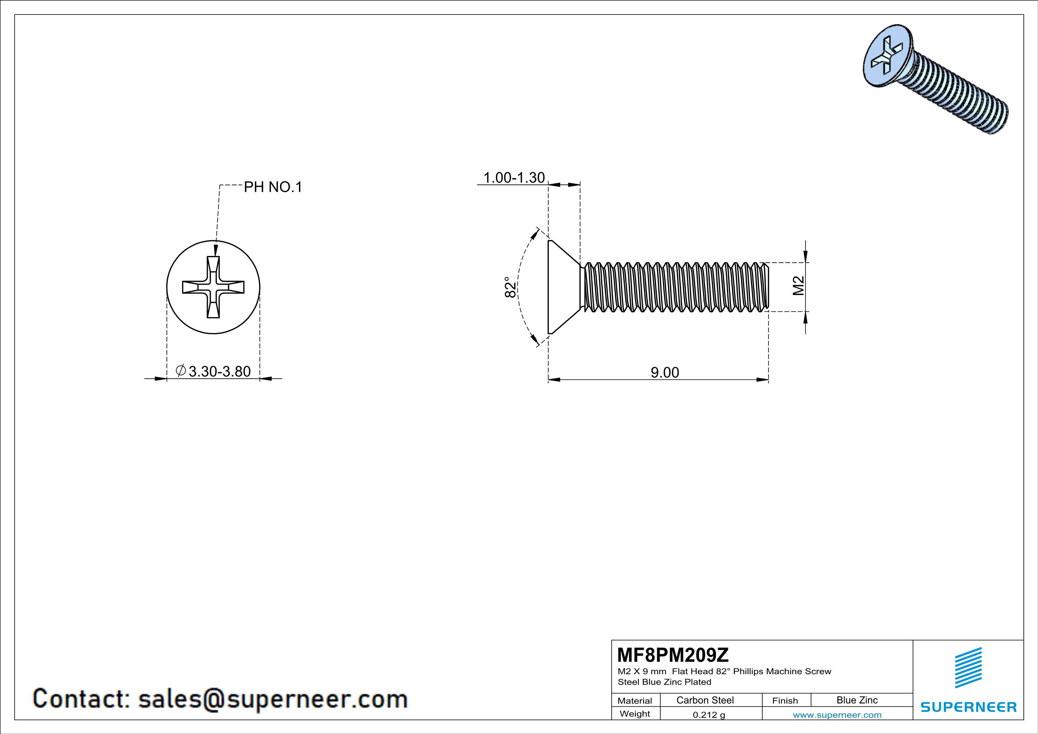 M2 x 9 mm Flat Head 82&deg; Phillips Machine Screw Steel Blue Zinc Plated
