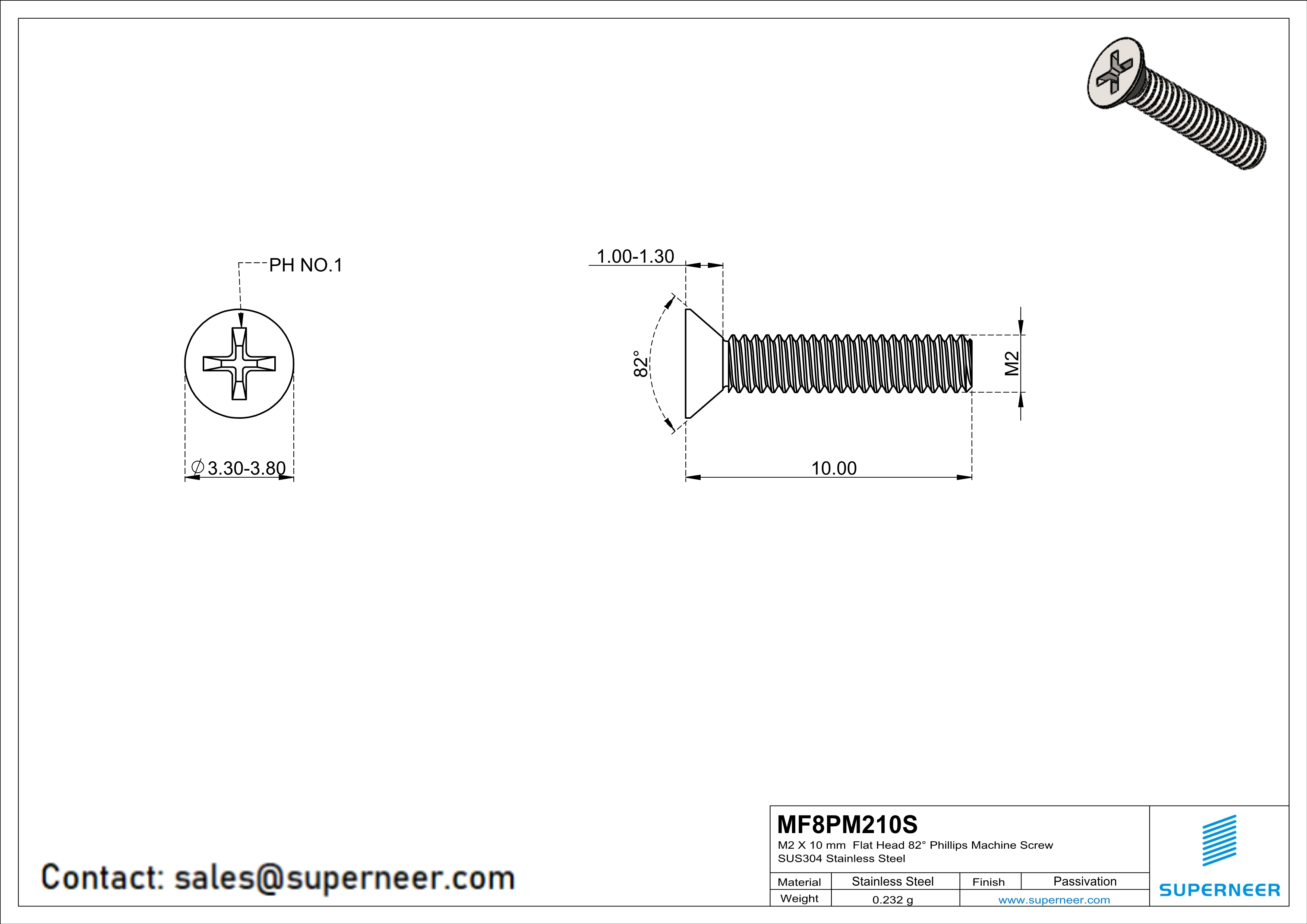 M2 x 10 mm  Flat Head 82&deg; Phillips Machine Screw SUS304 Stainless Steel Inox