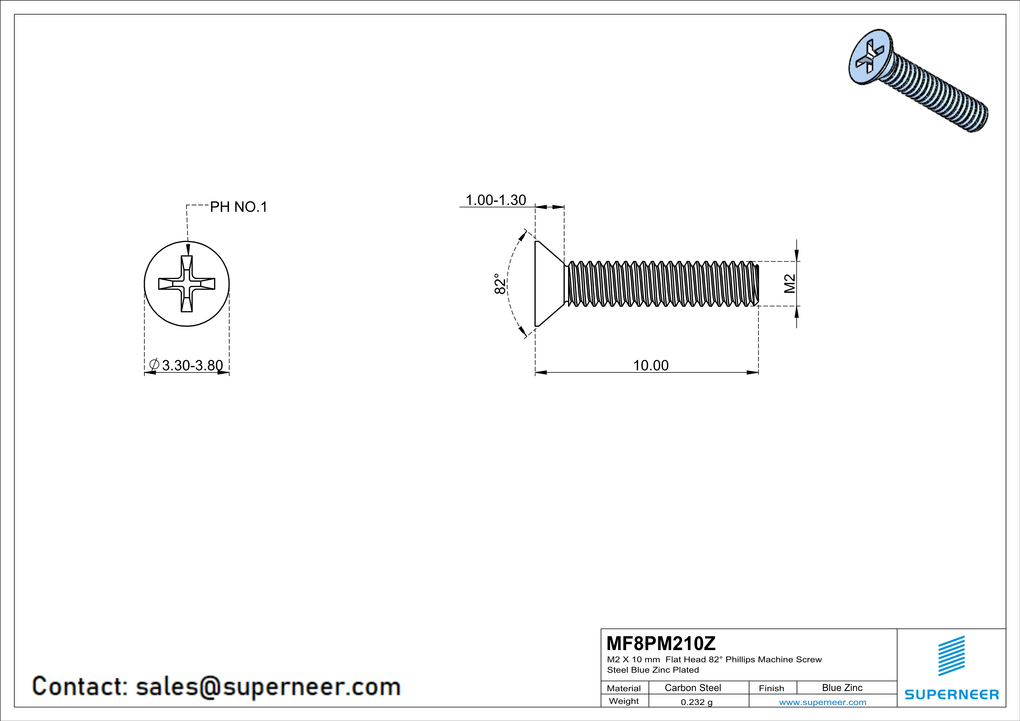 M2 x 10 mm Flat Head 82&deg; Phillips Machine Screw Steel Blue Zinc Plated