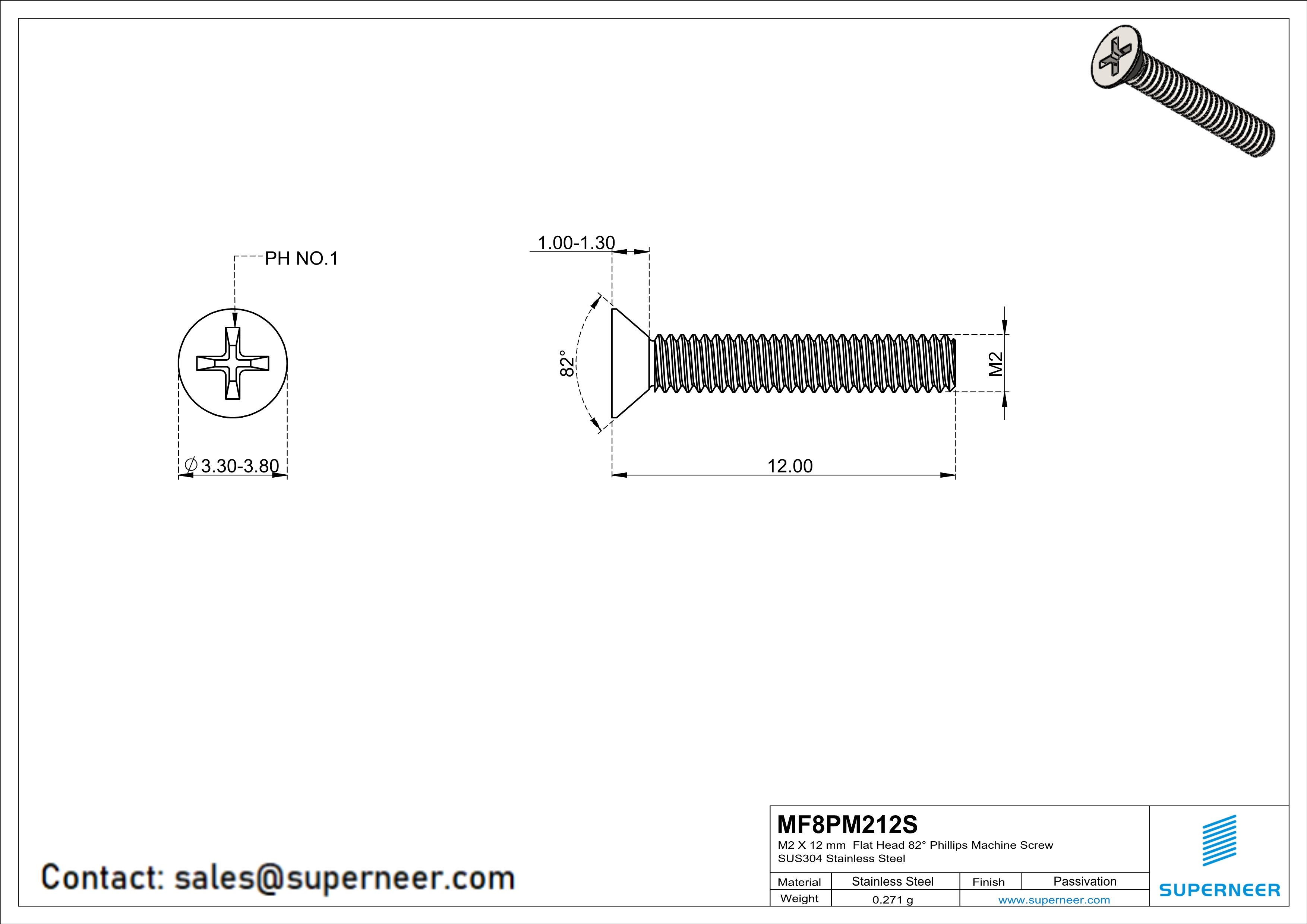 M2 x 12 mm  Flat Head 82&deg; Phillips Machine Screw SUS304 Stainless Steel Inox