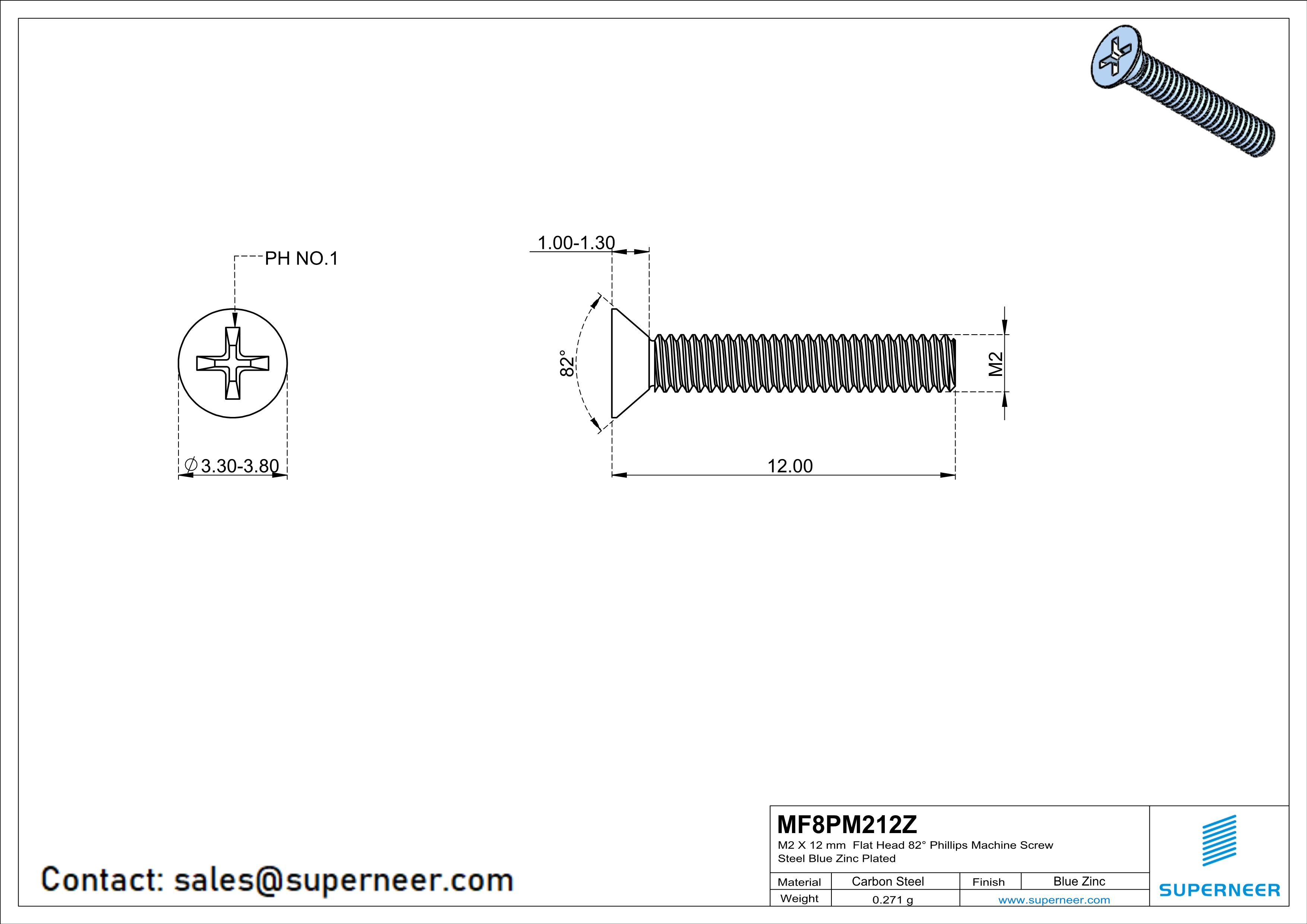 M2 x 12 mm Flat Head 82&deg; Phillips Machine Screw Steel Blue Zinc Plated