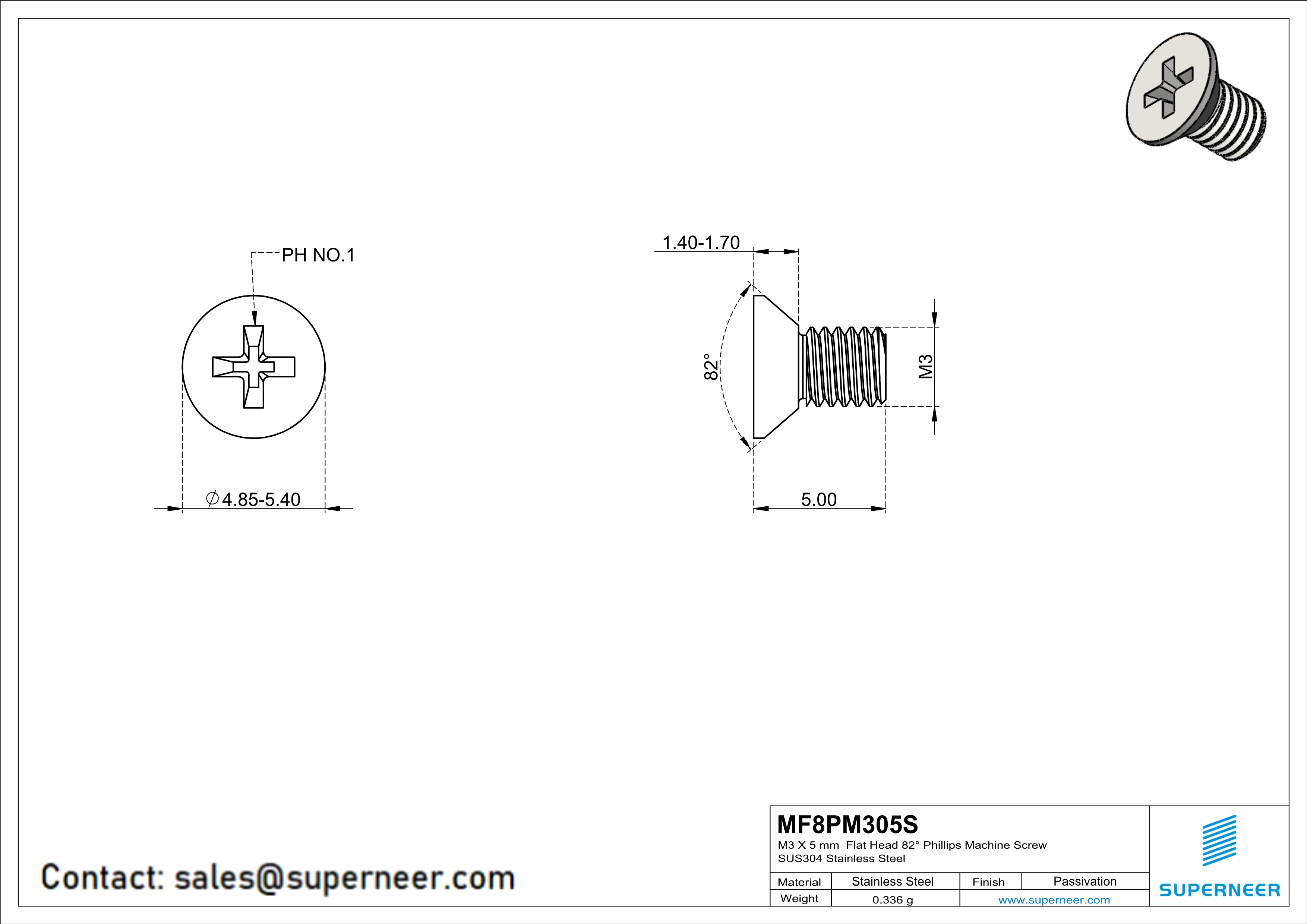 M3 x 5 mm  Flat Head 82&deg; Phillips Machine Screw SUS304 Stainless Steel Inox