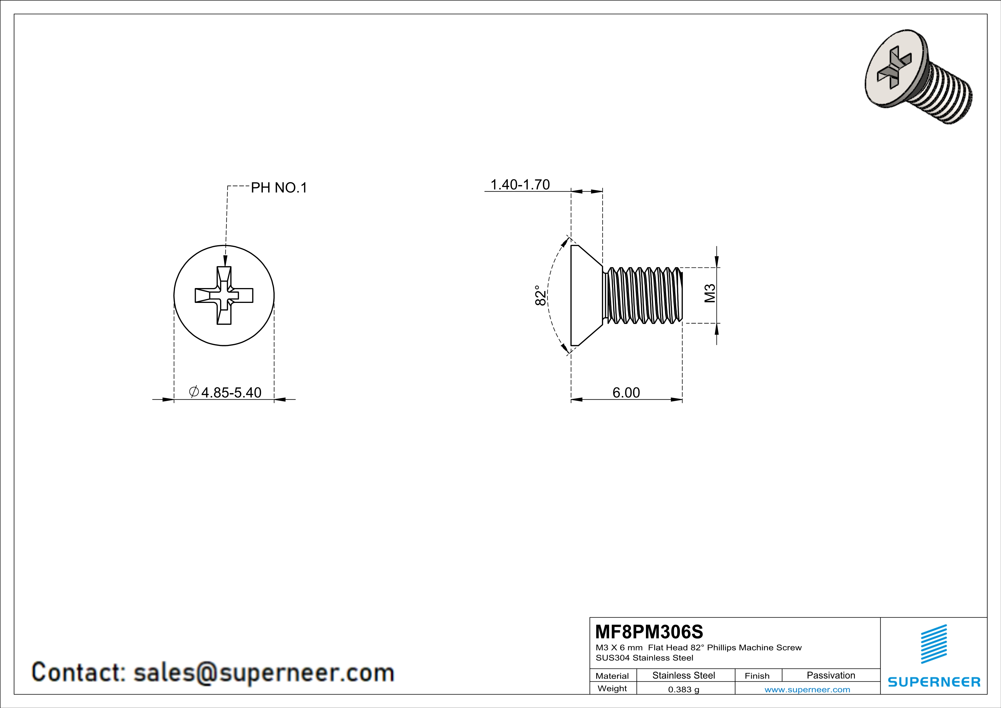 M3 x 6 mm  Flat Head 82&deg; Phillips Machine Screw SUS304 Stainless Steel Inox