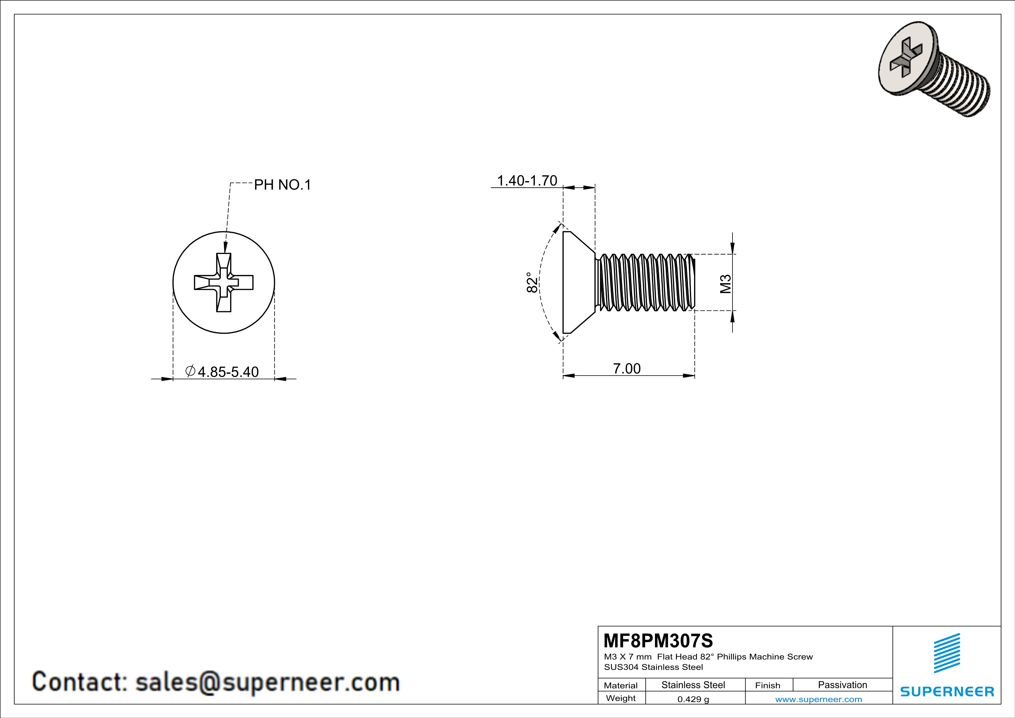 M3 x 7 mm  Flat Head 82&deg; Phillips Machine Screw SUS304 Stainless Steel Inox