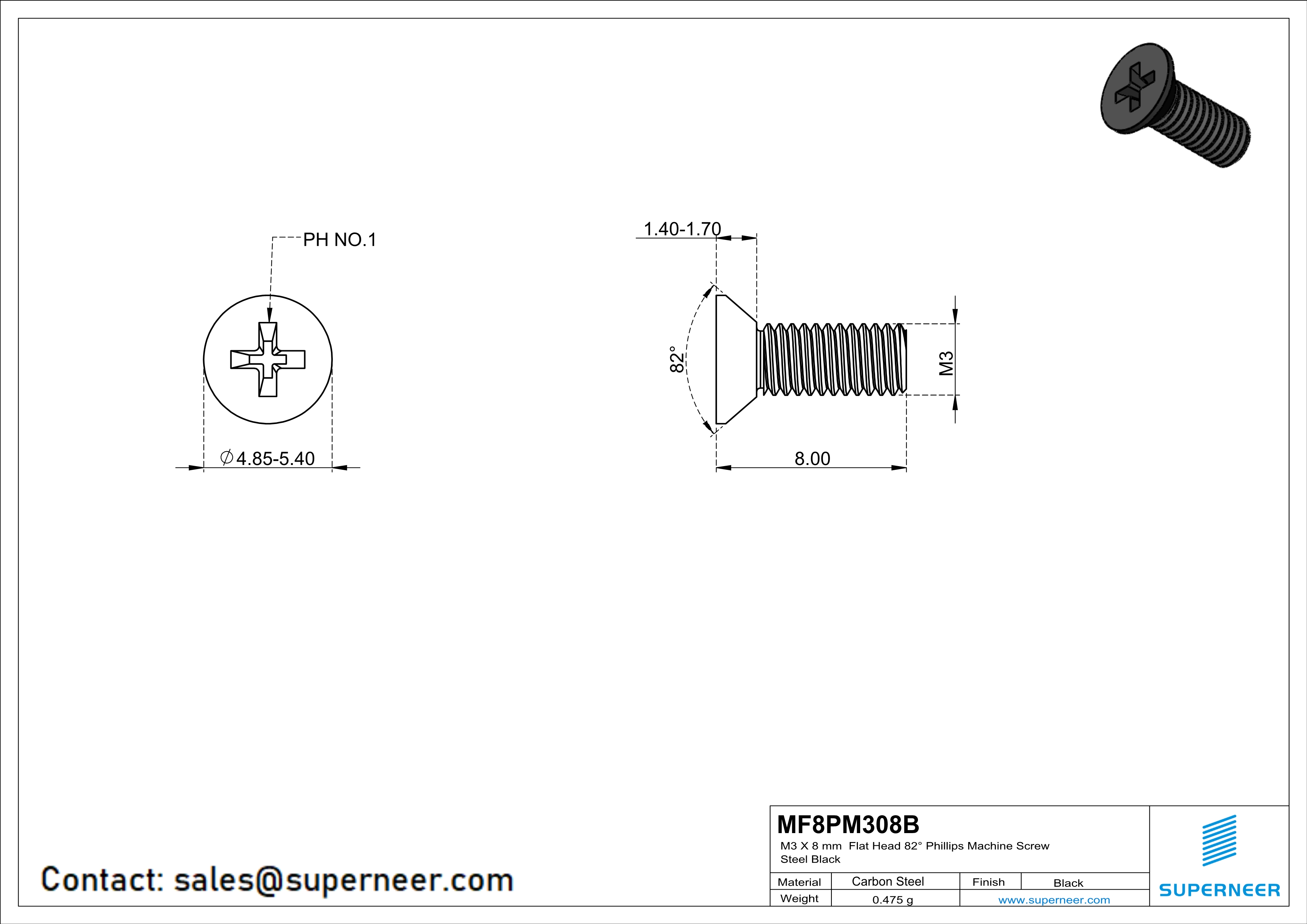 M3 x 8 mm Flat Head 82&deg; Phillips Machine Screw Steel Black