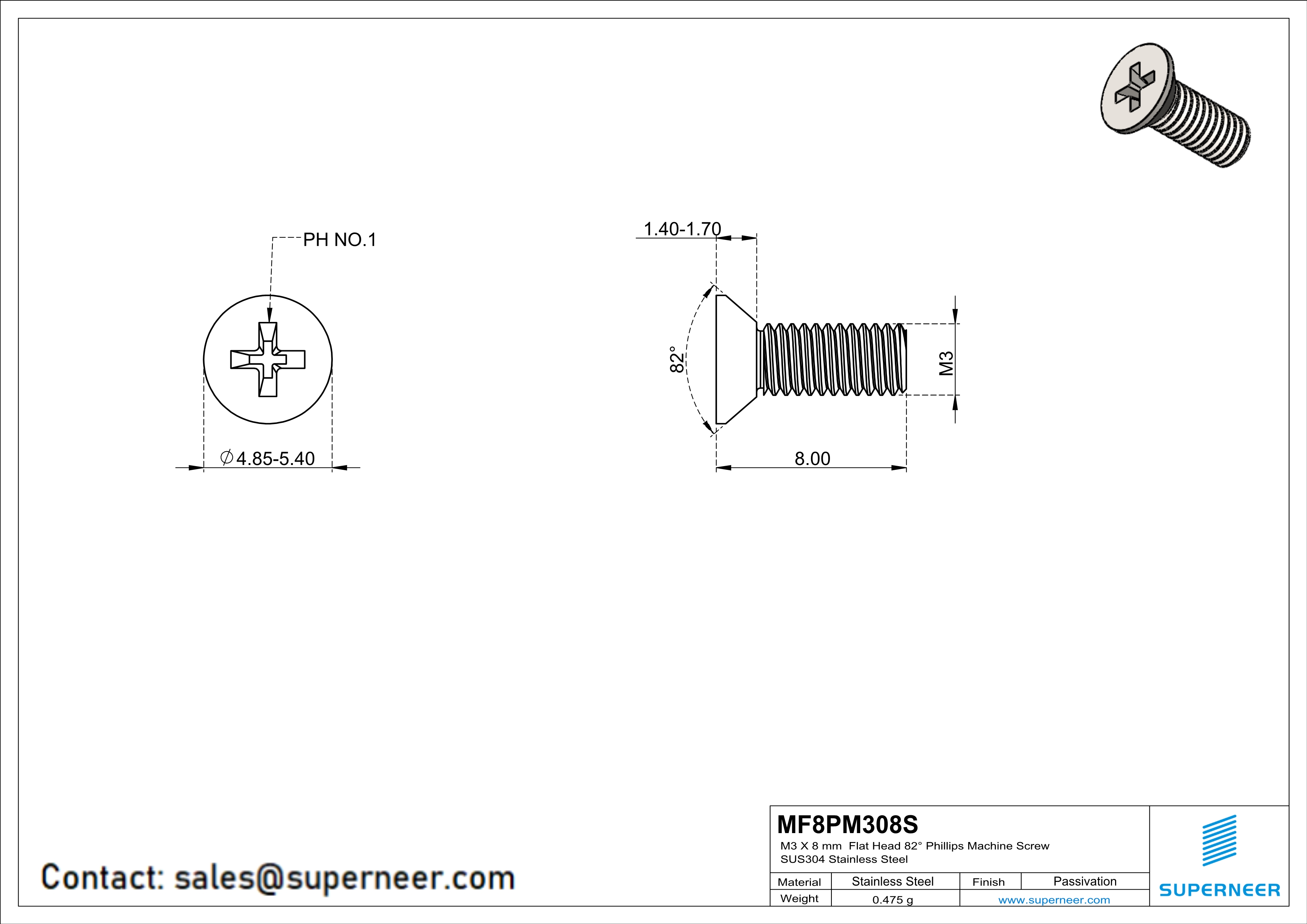 M3 x 8 mm  Flat Head 82&deg; Phillips Machine Screw SUS304 Stainless Steel Inox