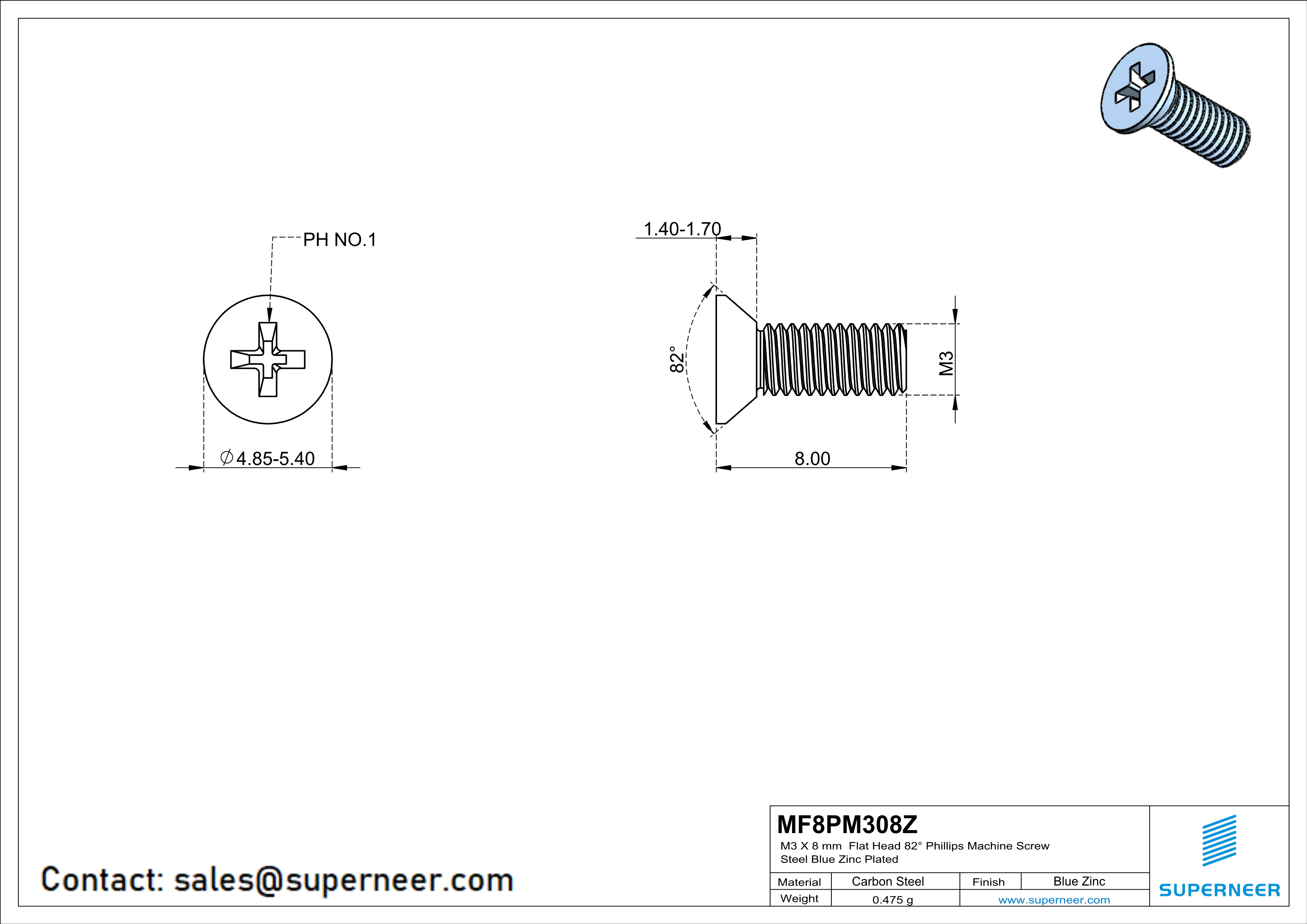 M3 x 8 mm Flat Head 82&deg; Phillips Machine Screw Steel Blue Zinc Plated