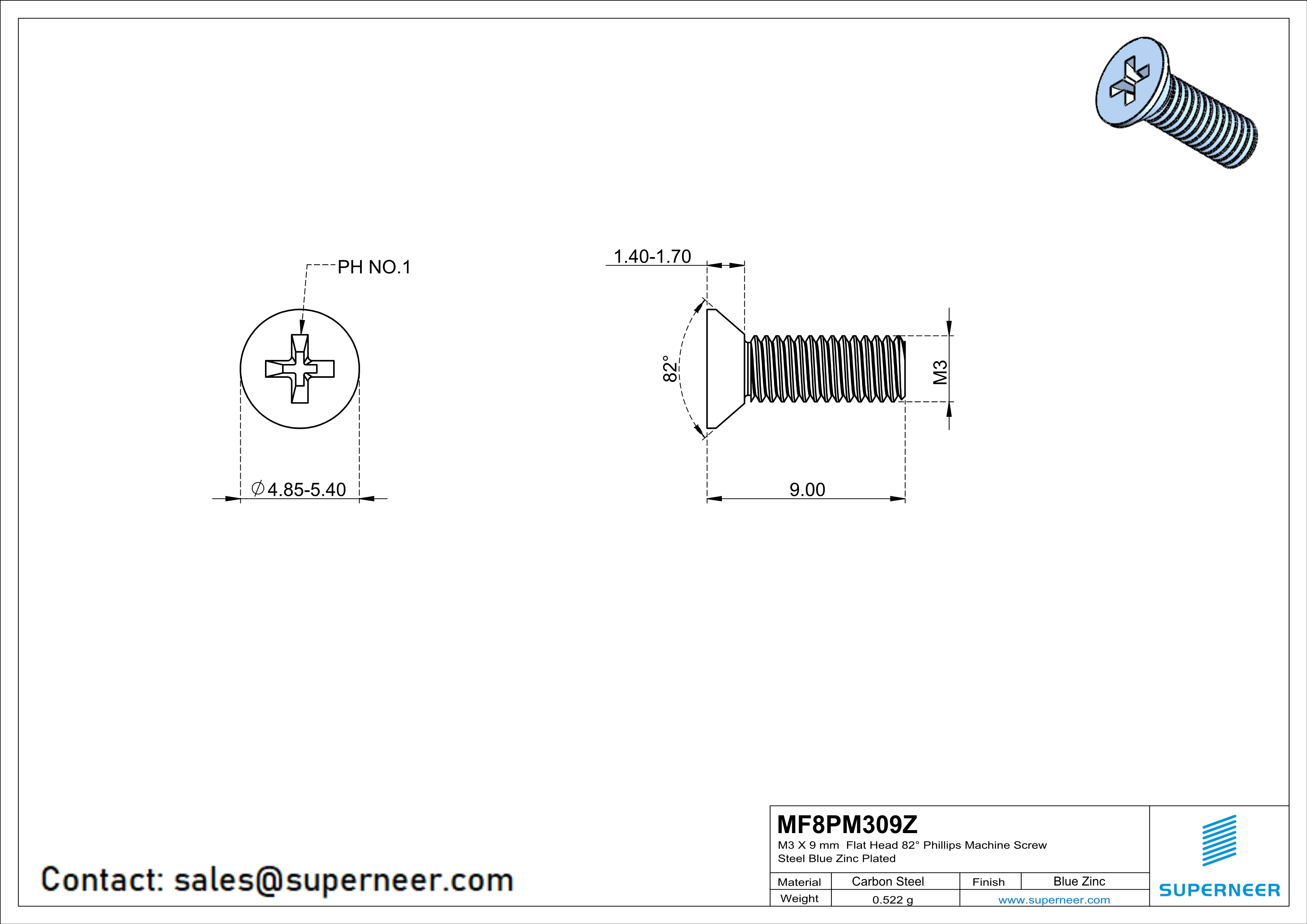 M3 x 9 mm Flat Head 82&deg; Phillips Machine Screw Steel Blue Zinc Plated