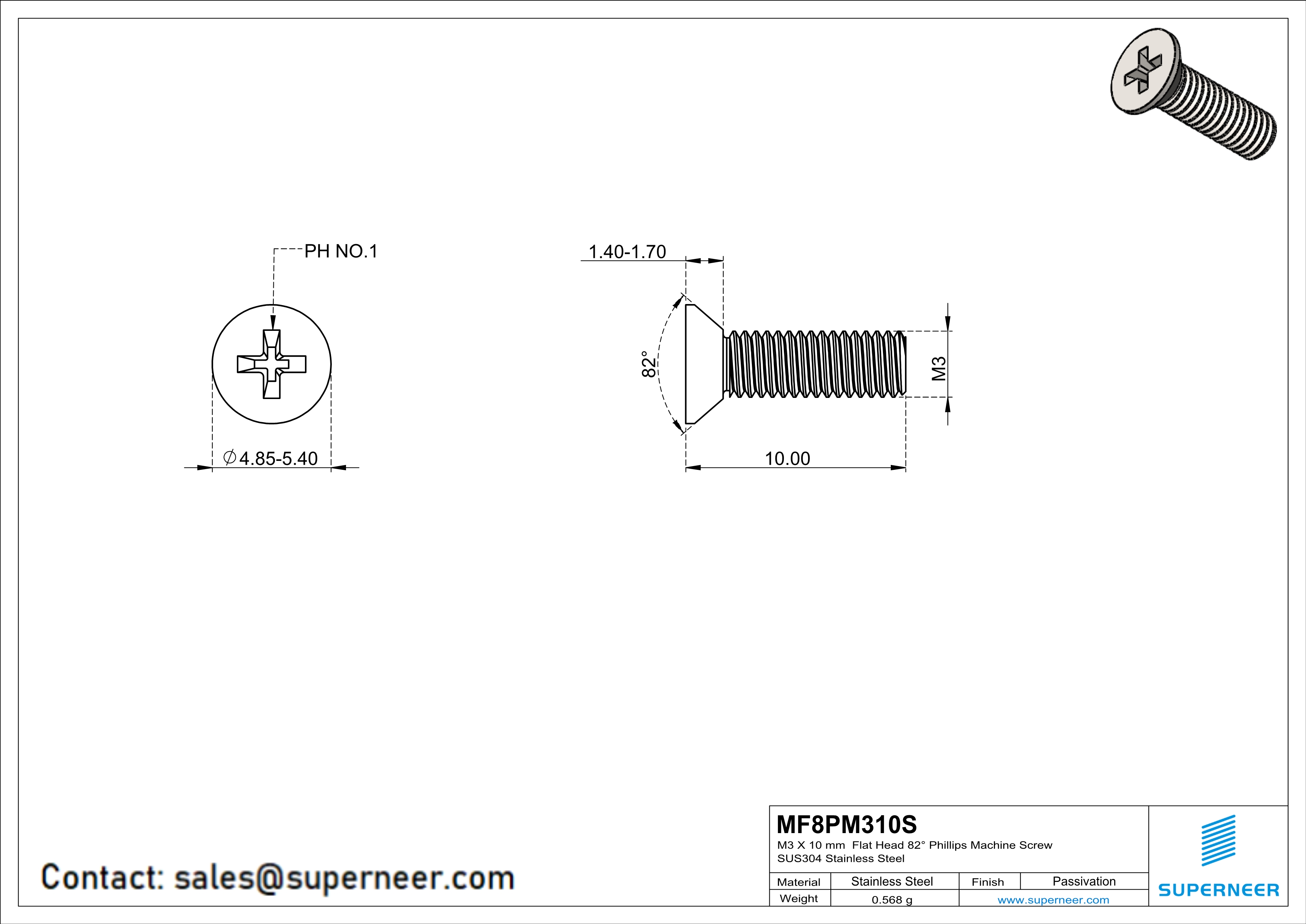 M3 x 10 mm  Flat Head 82&deg; Phillips Machine Screw SUS304 Stainless Steel Inox