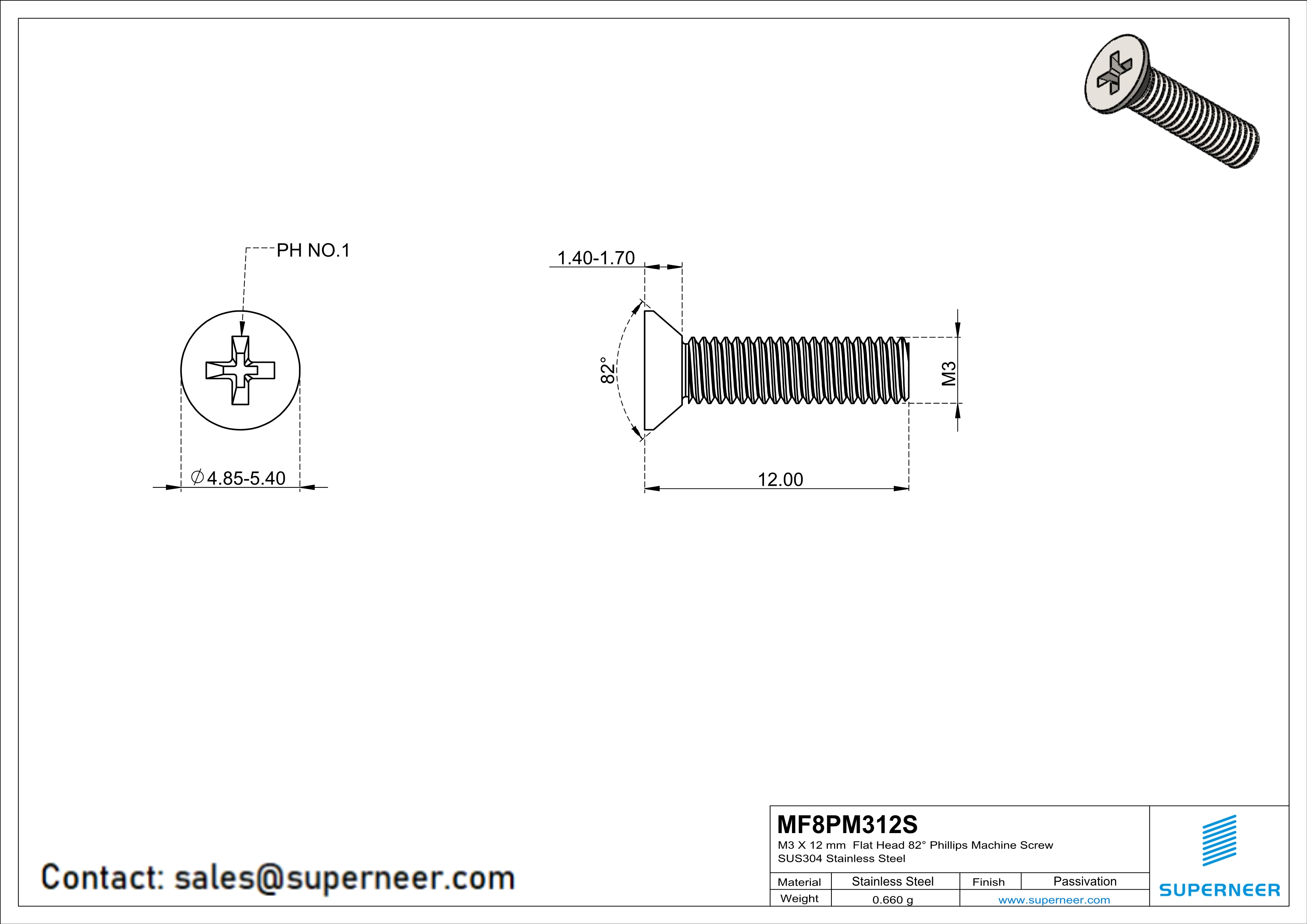 M3 x 12 mm  Flat Head 82&deg; Phillips Machine Screw SUS304 Stainless Steel Inox