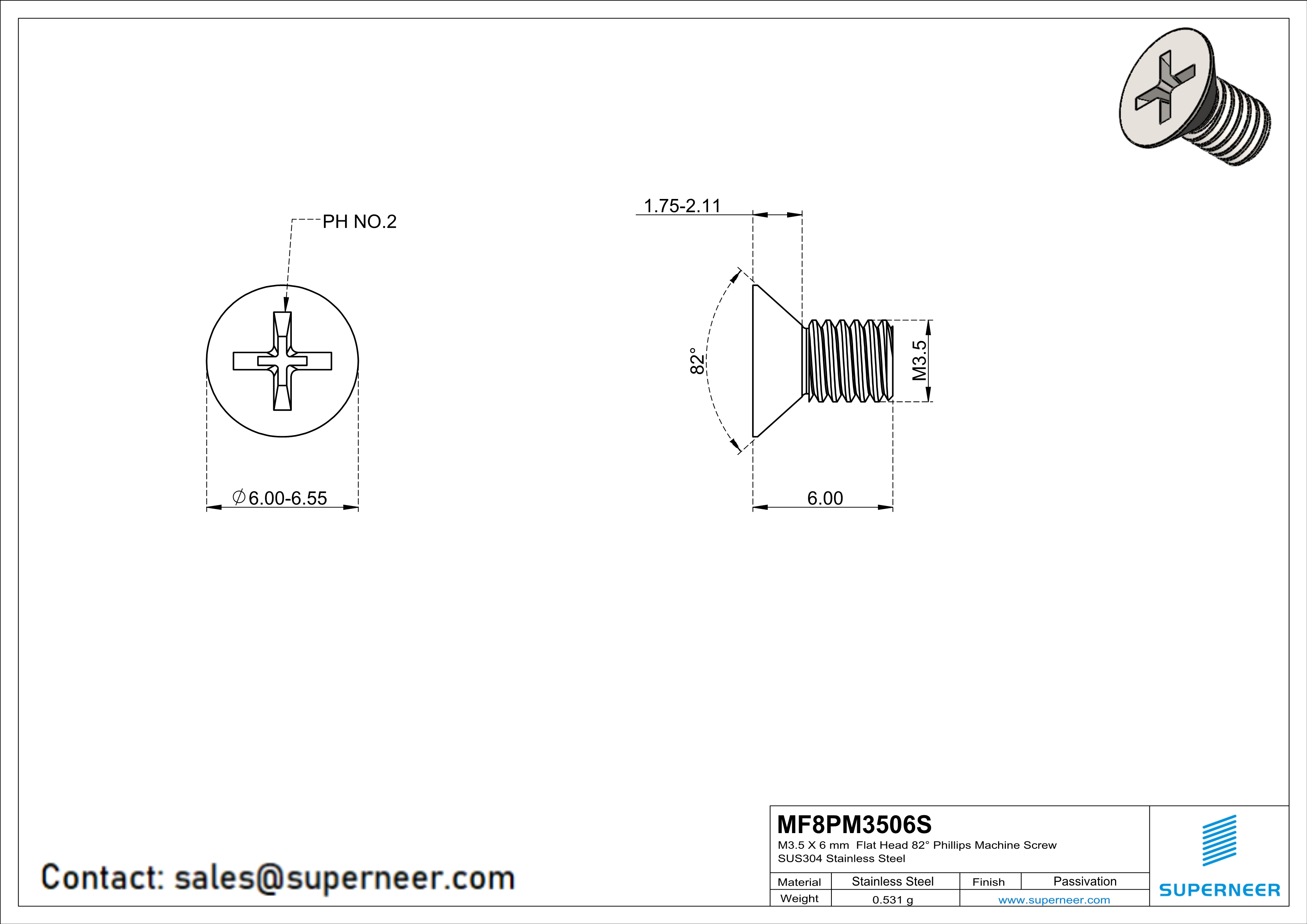 M3.5 x 6 mm  Flat Head 82&deg; Phillips Machine Screw SUS304 Stainless Steel Inox