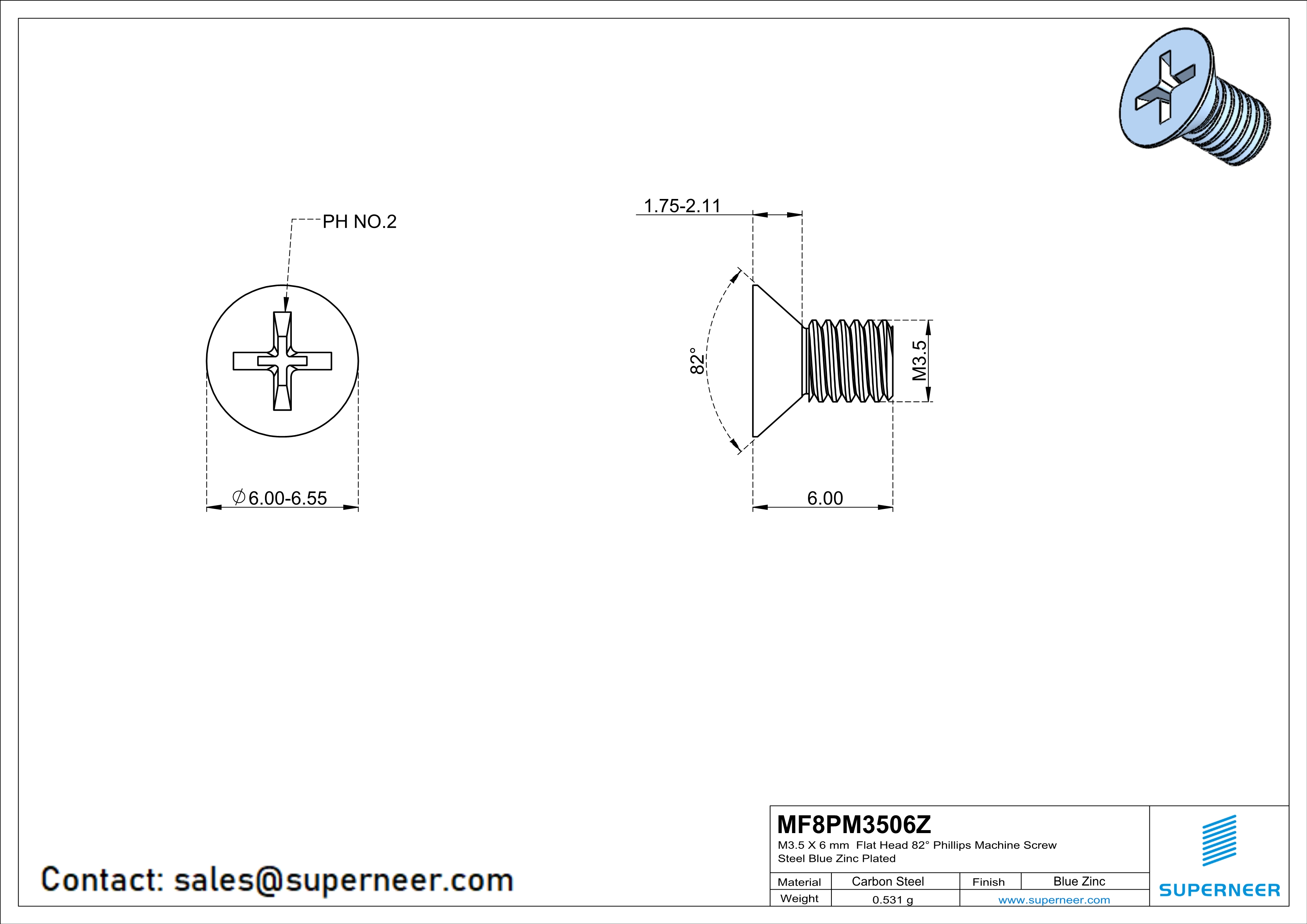 M3.5 x 6 mm Flat Head 82&deg; Phillips Machine Screw Steel Blue Zinc Plated