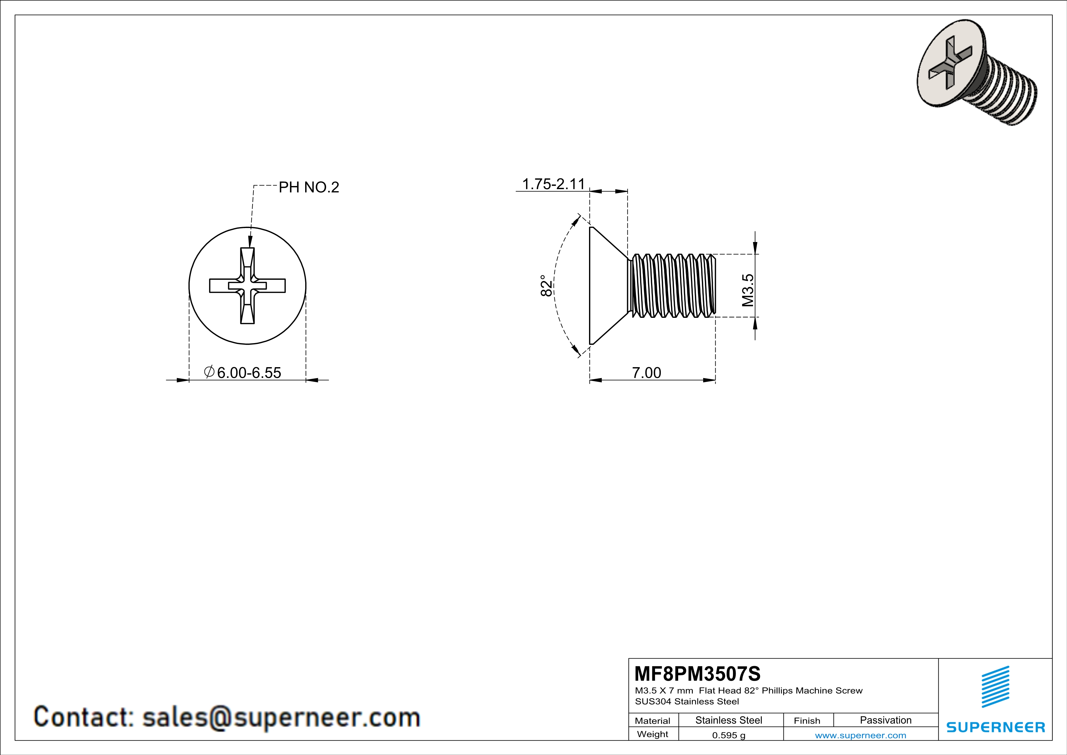 M3.5 x 7 mm  Flat Head 82&deg; Phillips Machine Screw SUS304 Stainless Steel Inox