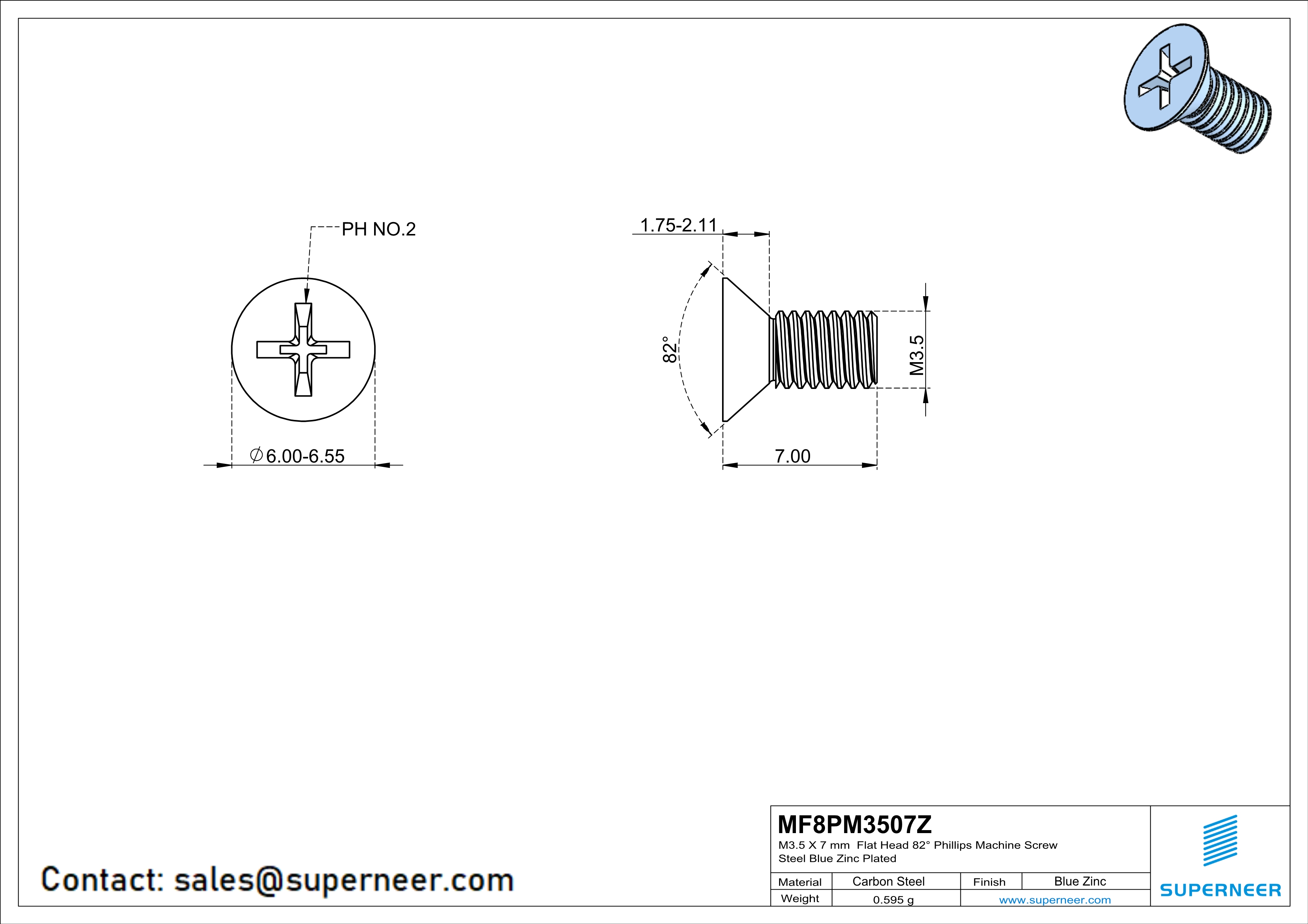 M3.5 x 7 mm Flat Head 82&deg; Phillips Machine Screw Steel Blue Zinc Plated