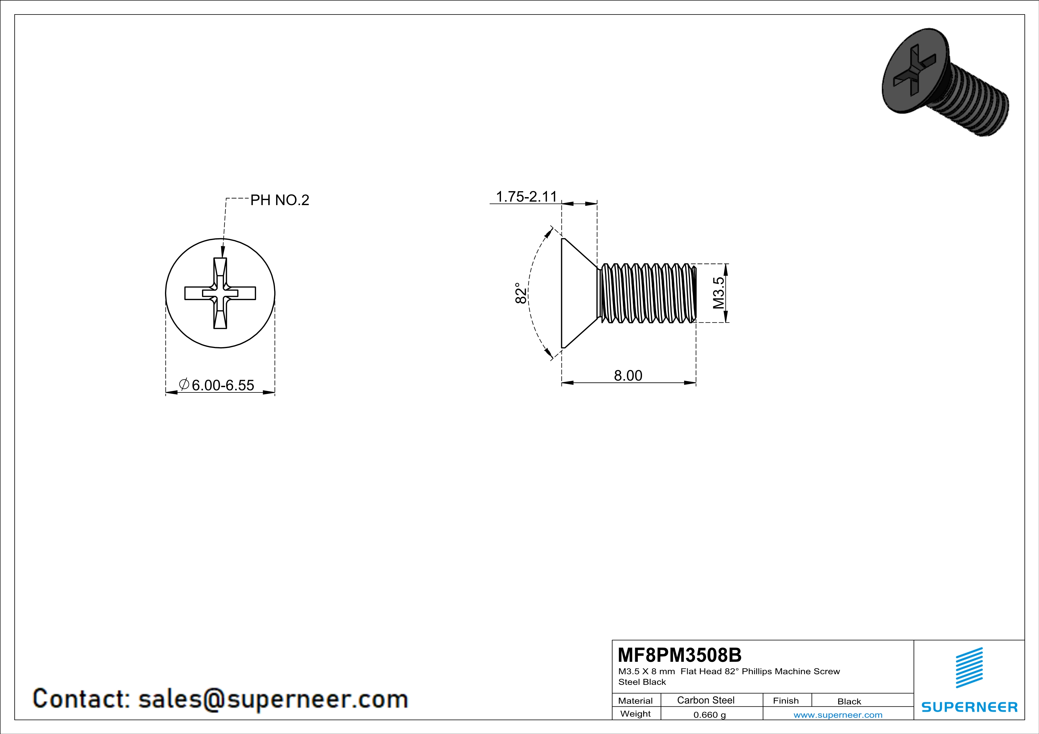 M3.5 x 8 mm Flat Head 82&deg; Phillips Machine Screw Steel Black