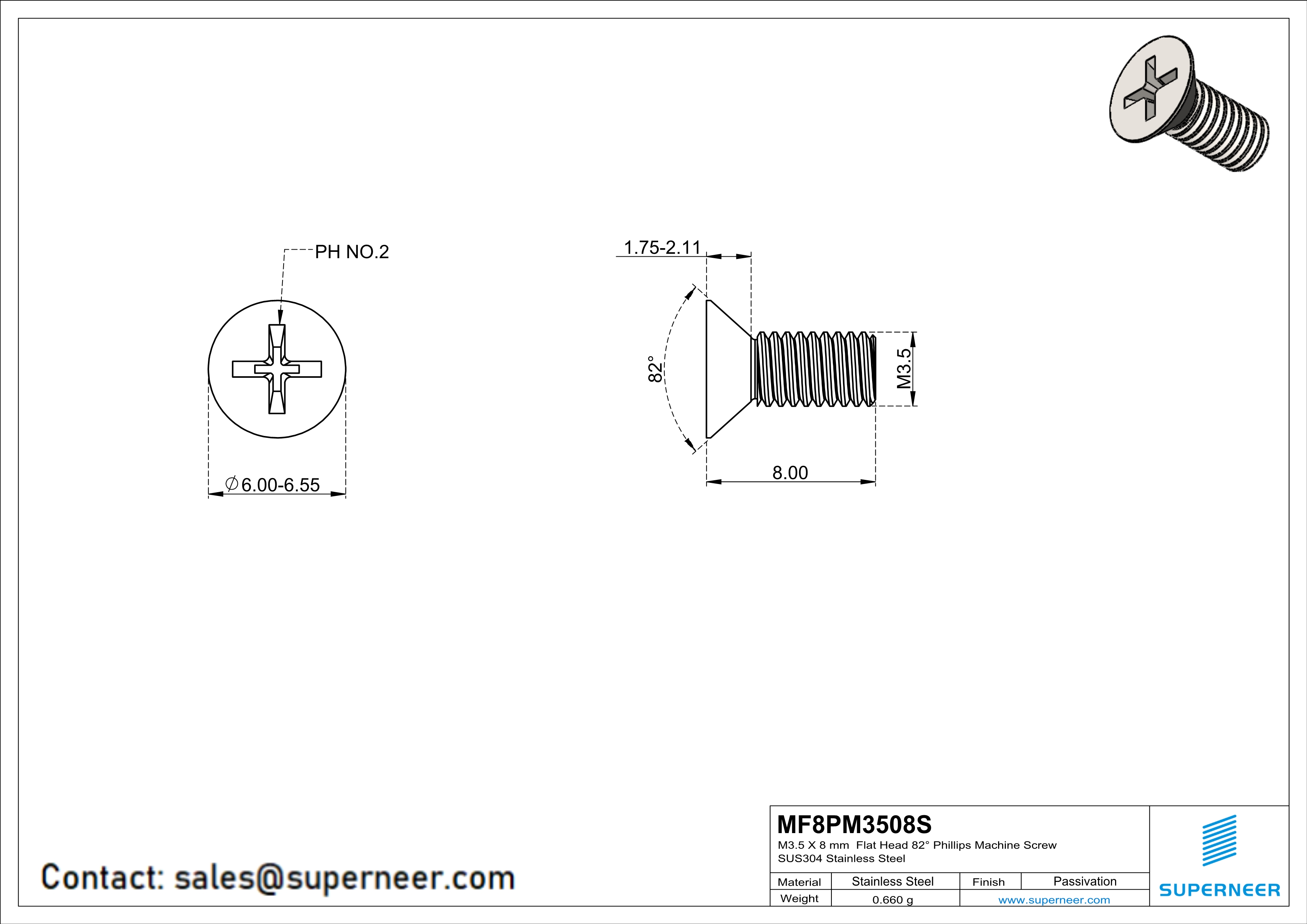 M3.5 x 8 mm  Flat Head 82&deg; Phillips Machine Screw SUS304 Stainless Steel Inox