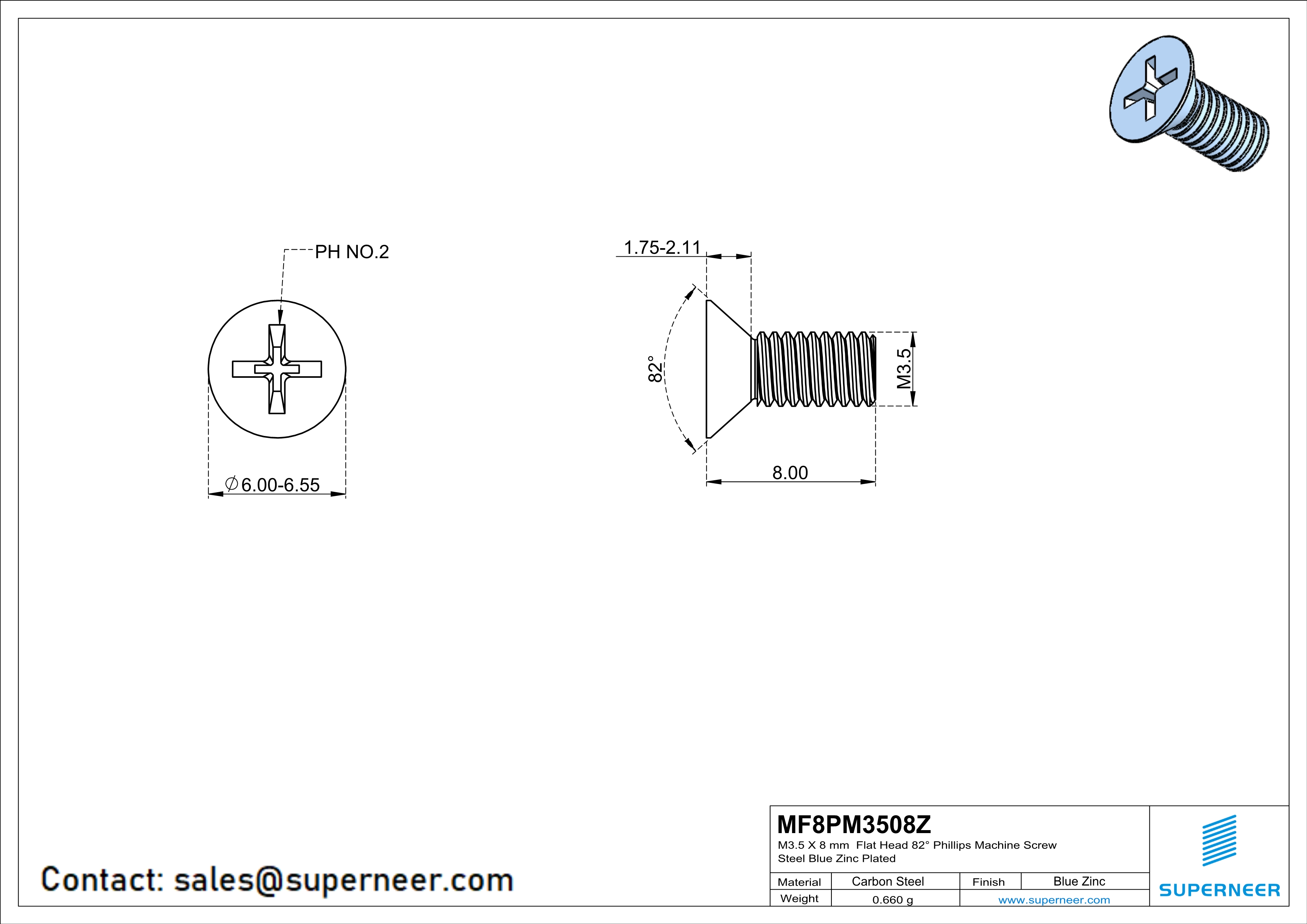 M3.5 x 8 mm Flat Head 82&deg; Phillips Machine Screw Steel Blue Zinc Plated