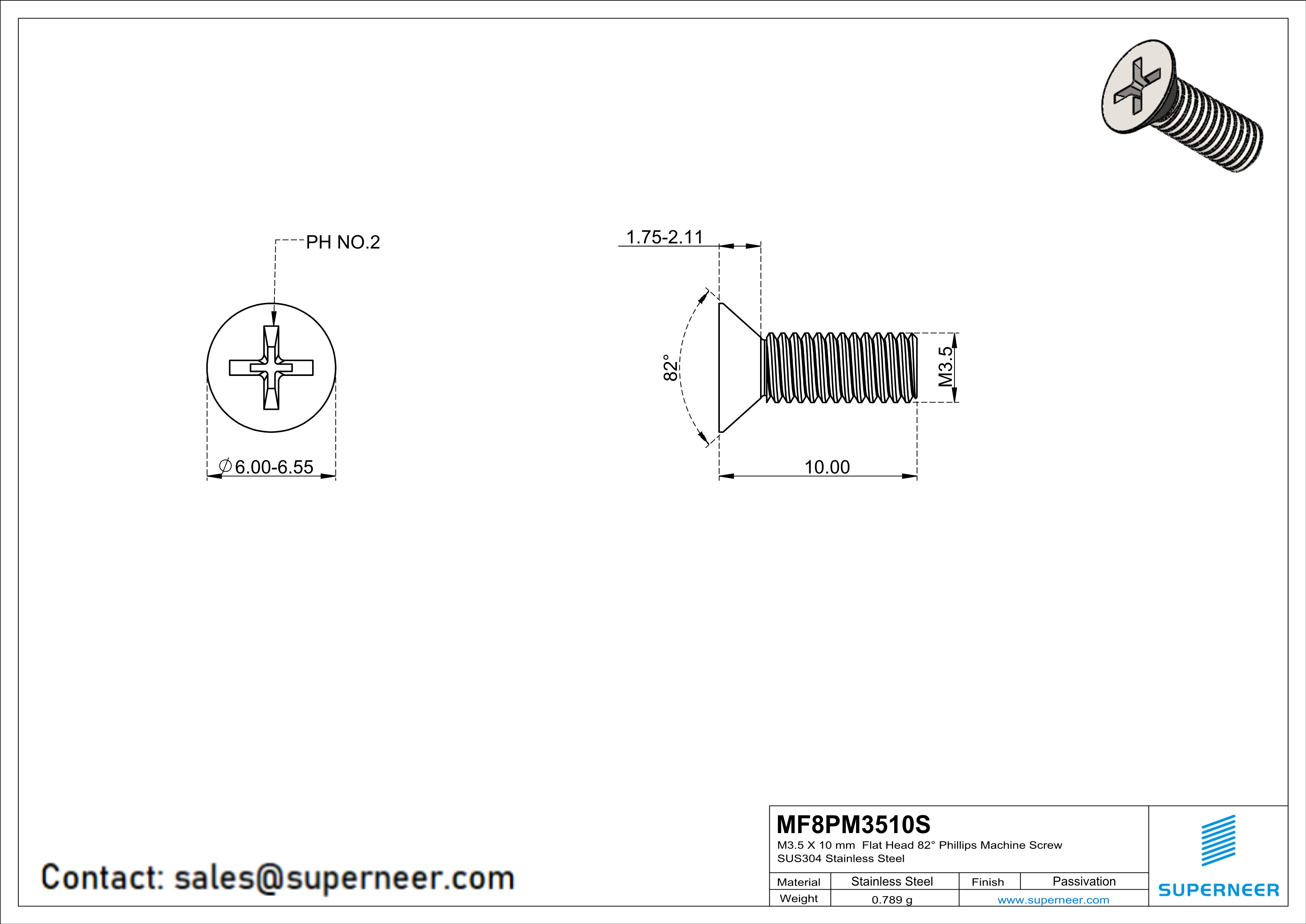 M3.5 x 10 mm  Flat Head 82&deg; Phillips Machine Screw SUS304 Stainless Steel Inox