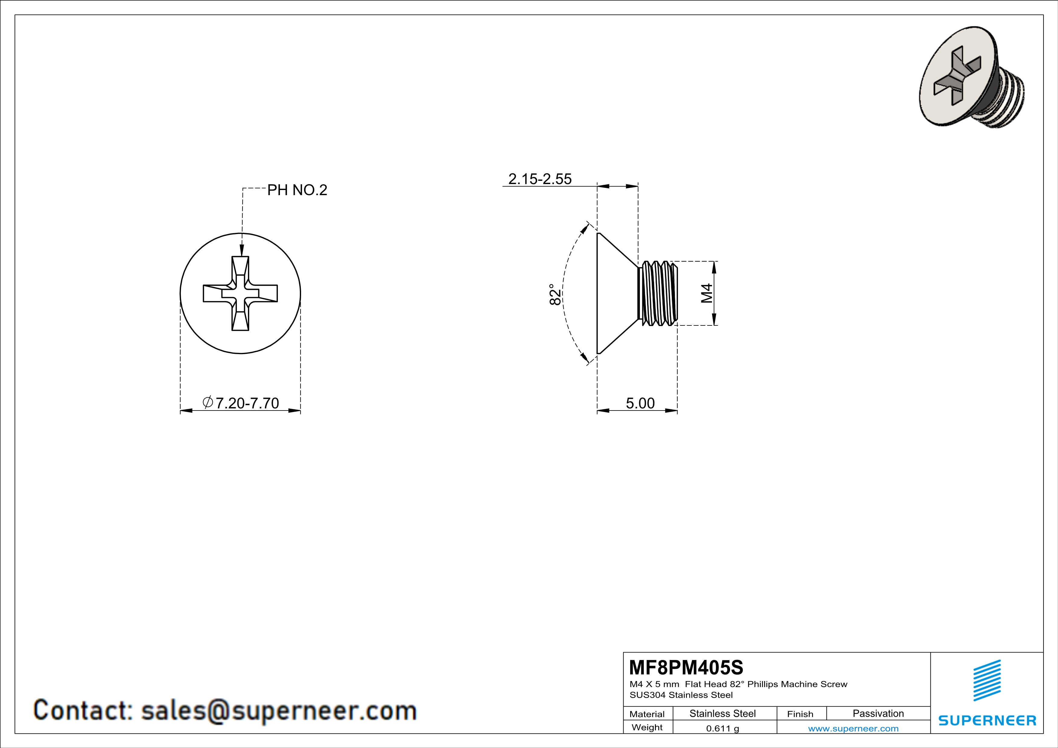 M4 x 5 mm  Flat Head 82&deg; Phillips Machine Screw SUS304 Stainless Steel Inox