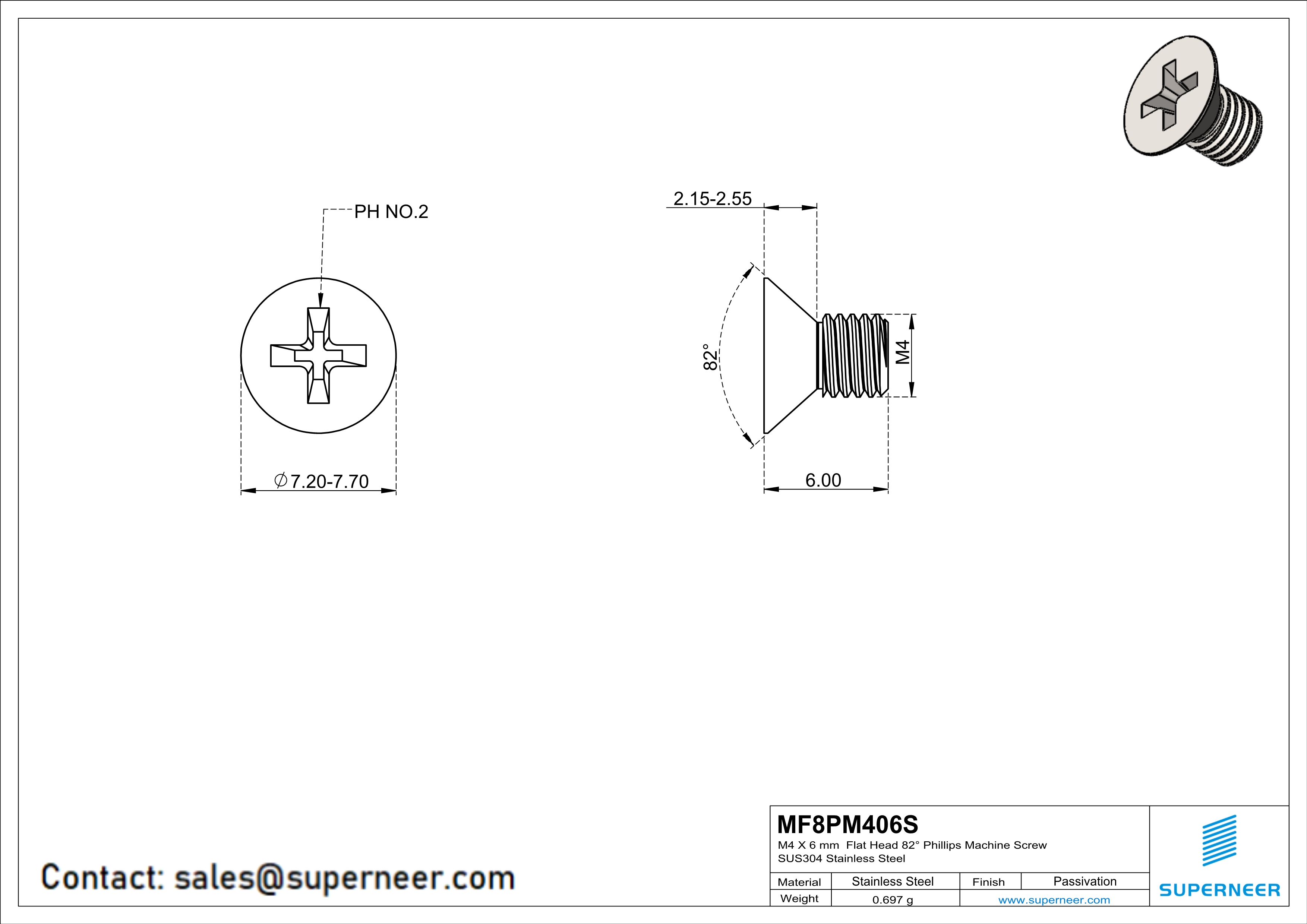 M4 x 6 mm  Flat Head 82&deg; Phillips Machine Screw SUS304 Stainless Steel Inox