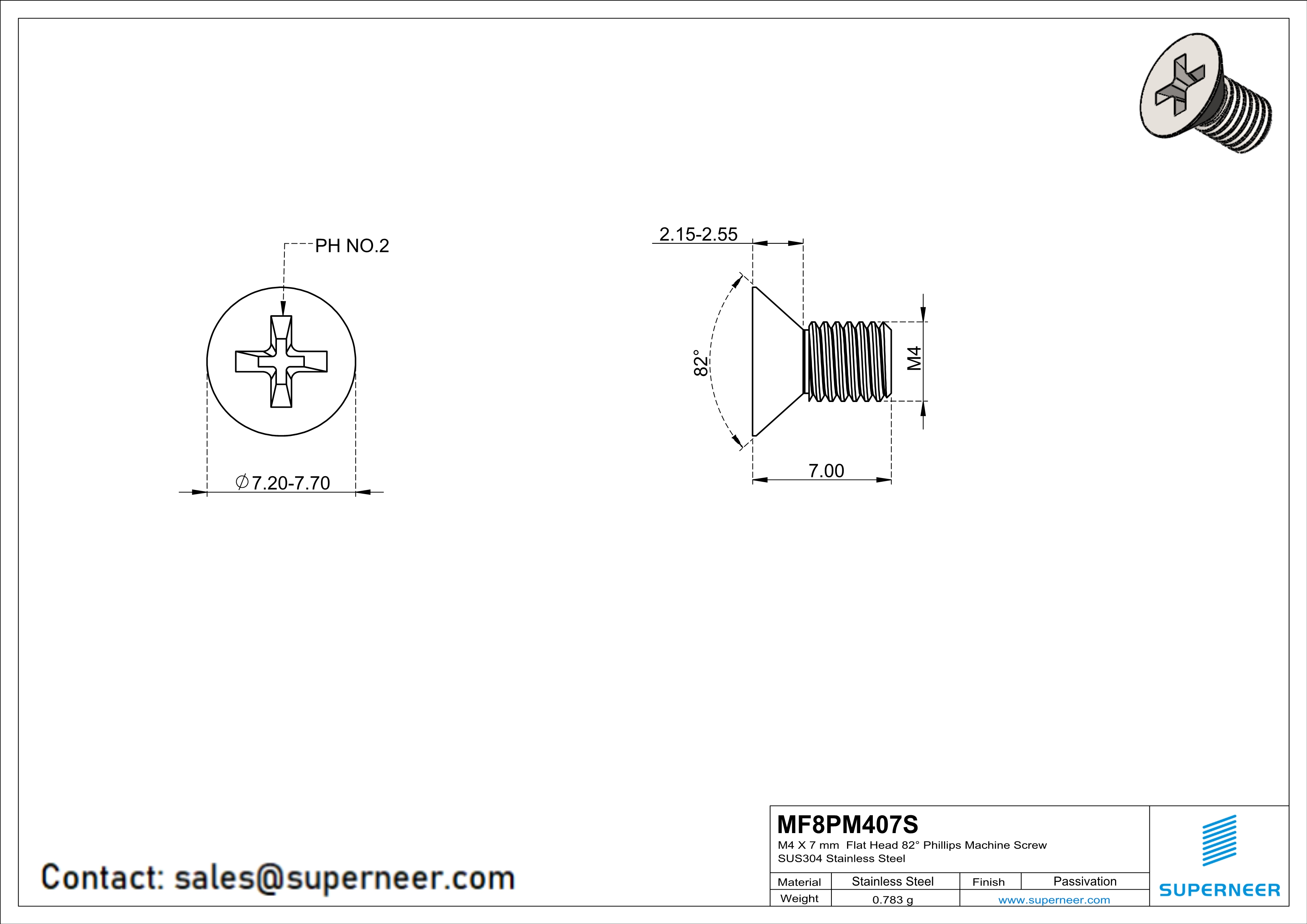 M4 x 7 mm  Flat Head 82&deg; Phillips Machine Screw SUS304 Stainless Steel Inox