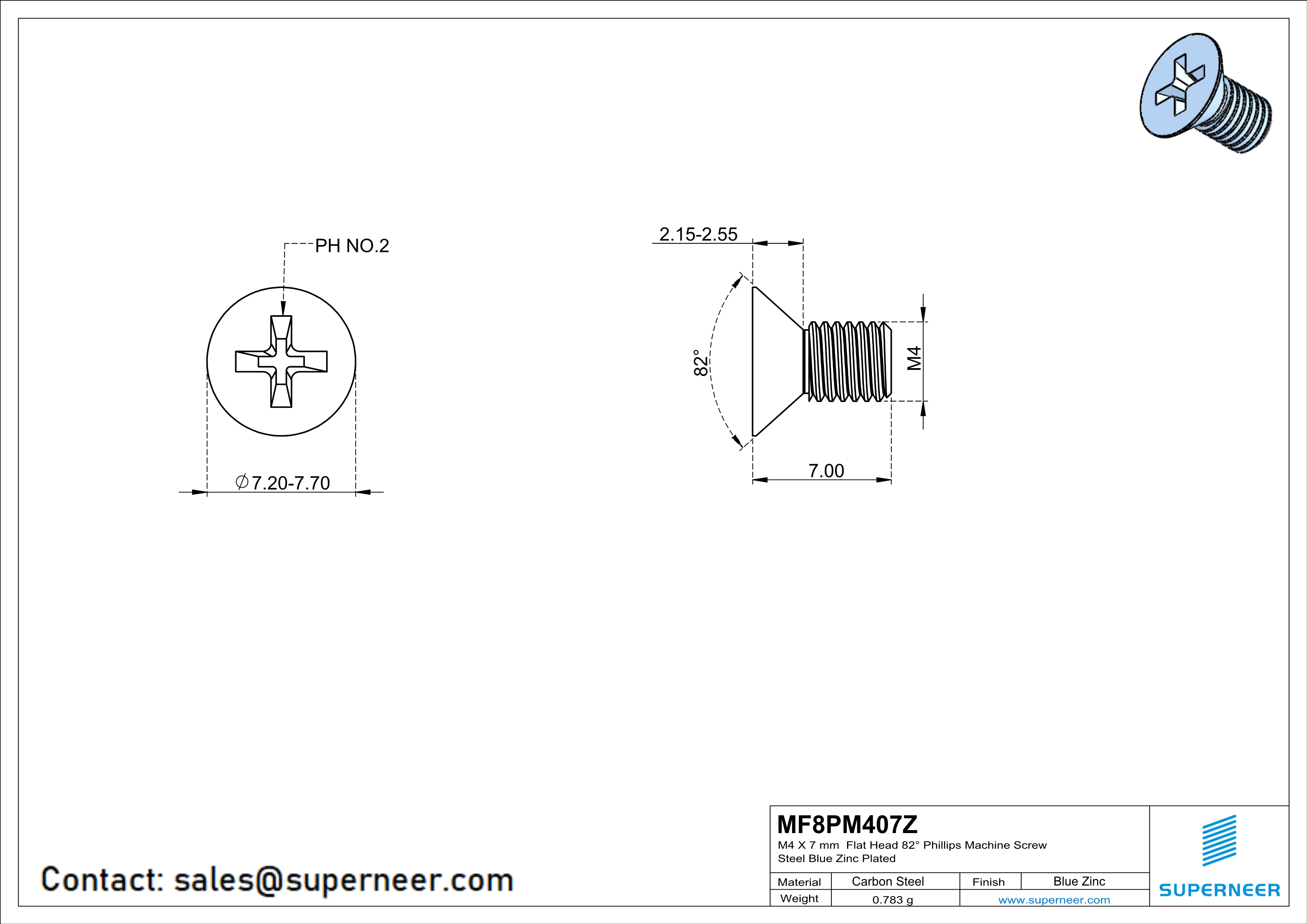 M4 x 7 mm Flat Head 82&deg; Phillips Machine Screw Steel Blue Zinc Plated