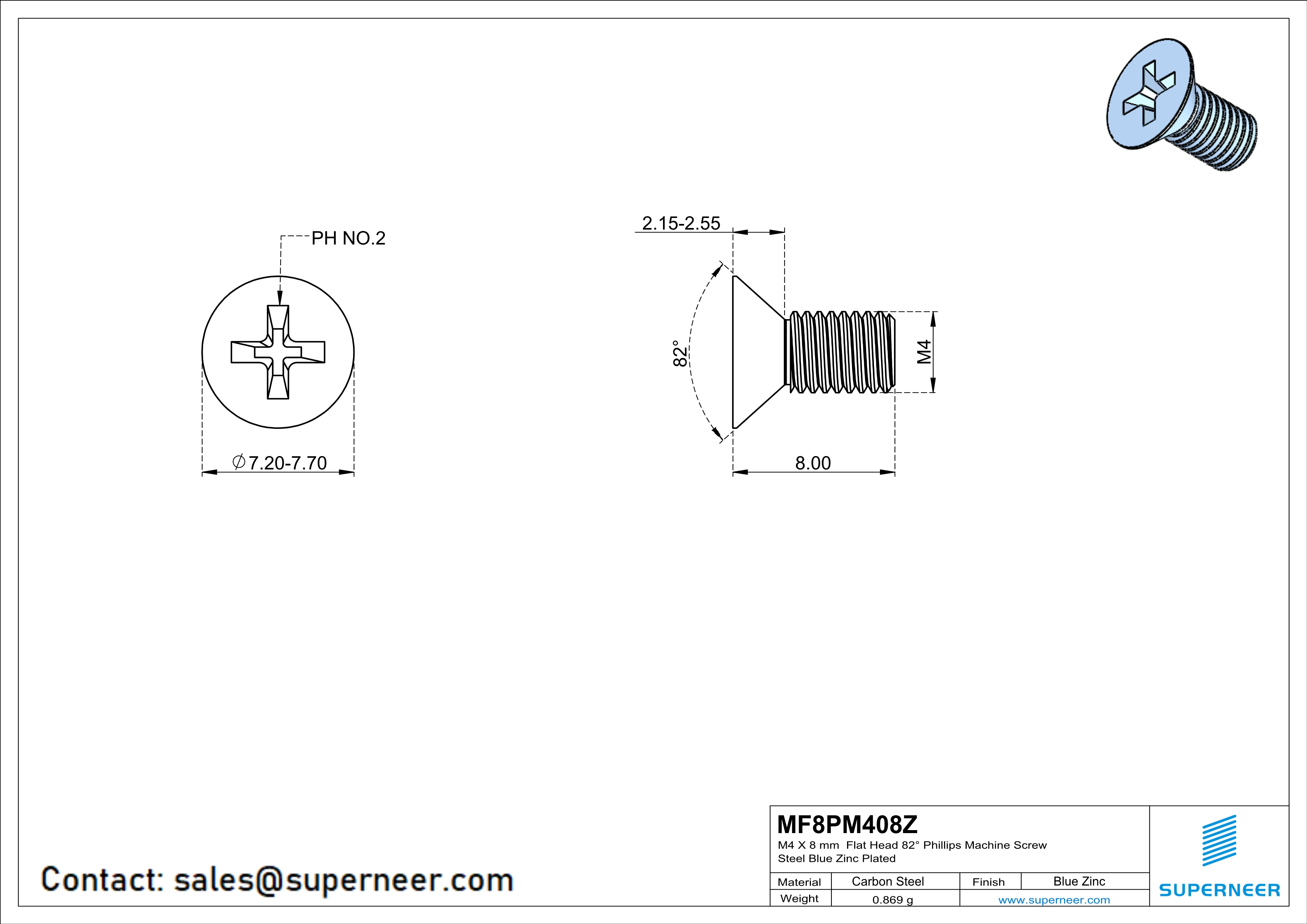 M4 x 8 mm Flat Head 82&deg; Phillips Machine Screw Steel Blue Zinc Plated