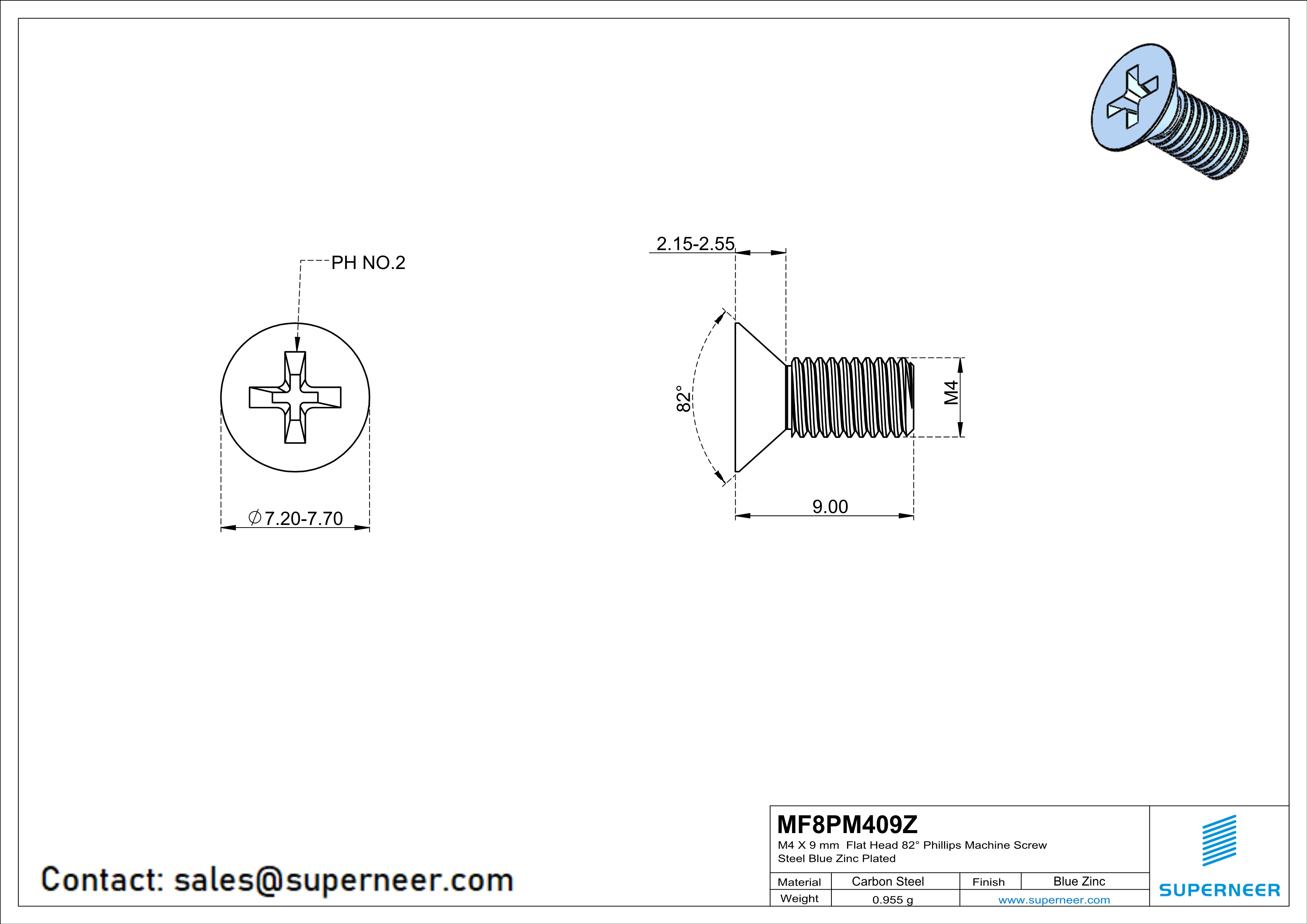 M4 x 9 mm Flat Head 82&deg; Phillips Machine Screw Steel Blue Zinc Plated