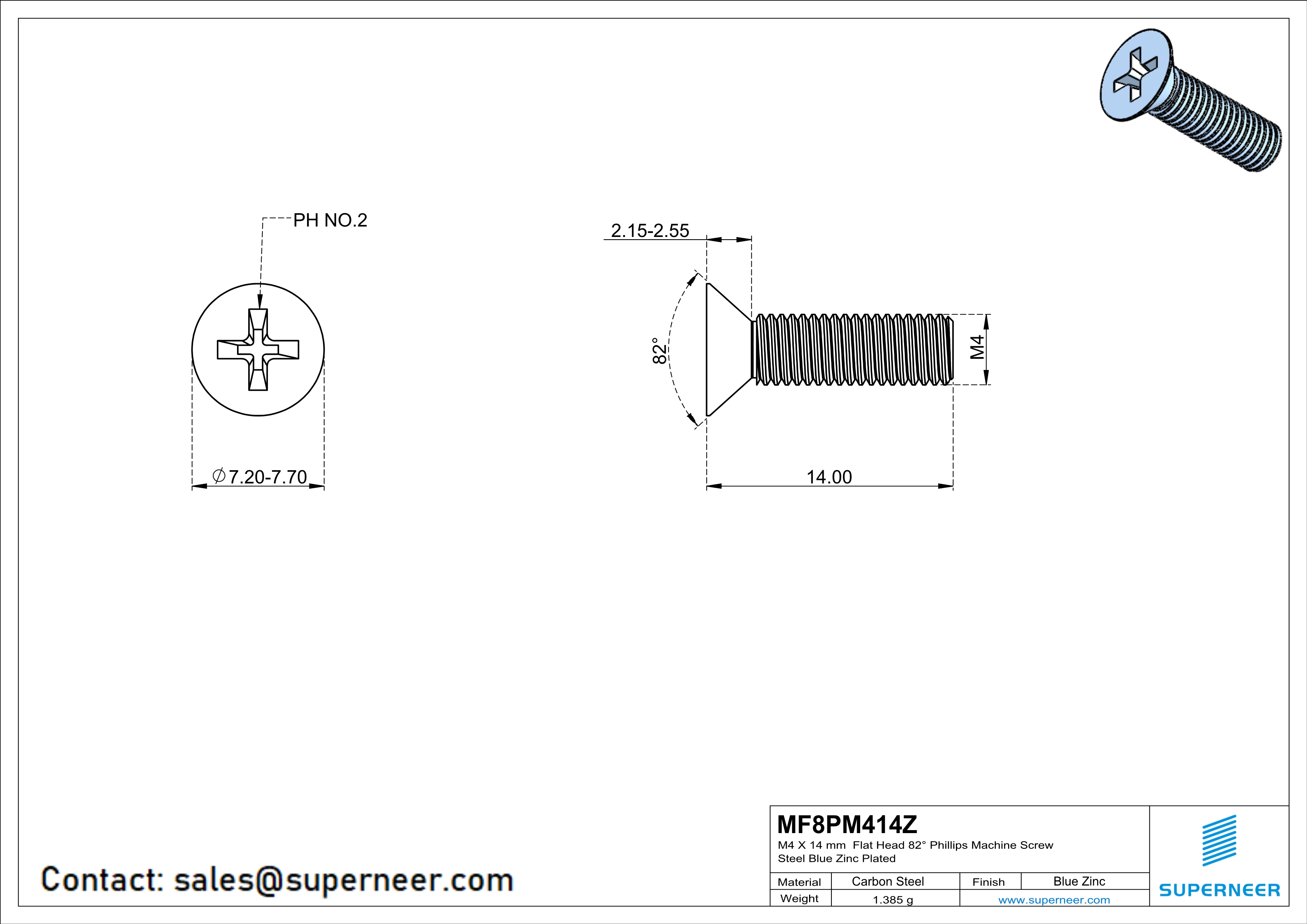 M4 x 14 mm Flat Head 82&deg; Phillips Machine Screw Steel Blue Zinc Plated