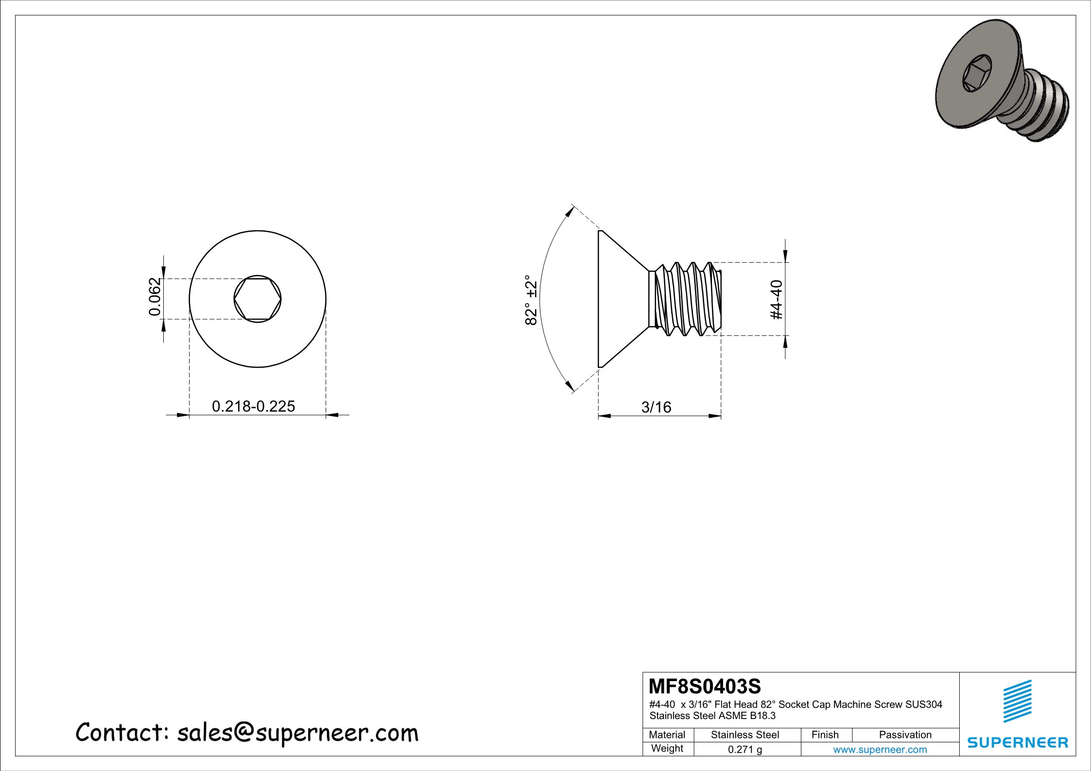 4-40 x 3/16" Flat Head 82&deg; Socket Cap Machine Screw SUS304 Stainless Steel Inox ASME B18.3