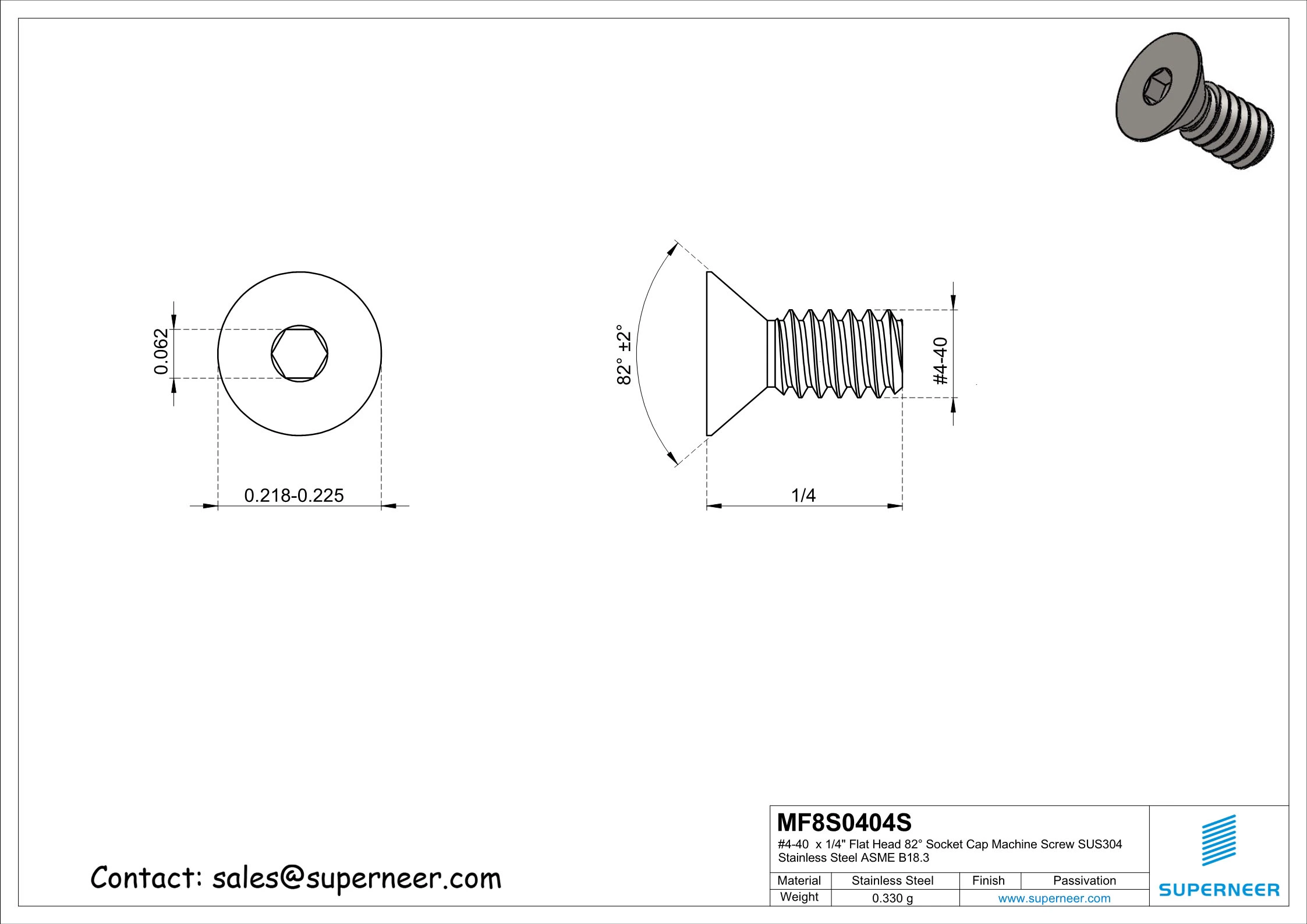 4-40 x 1/4" Flat Head 82&deg; Socket Cap Machine Screw SUS304 Stainless Steel Inox ASME B18.3