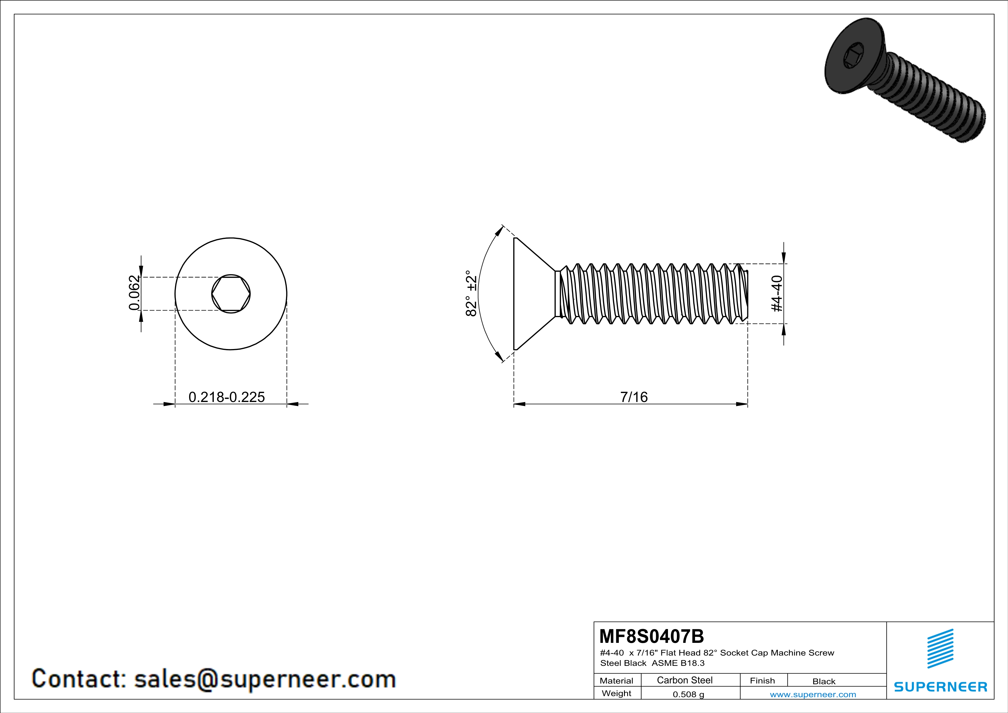 4-40 x 7/16" Flat Head 82&deg; Socket Cap Machine Screw Steel Black ASME B18.3