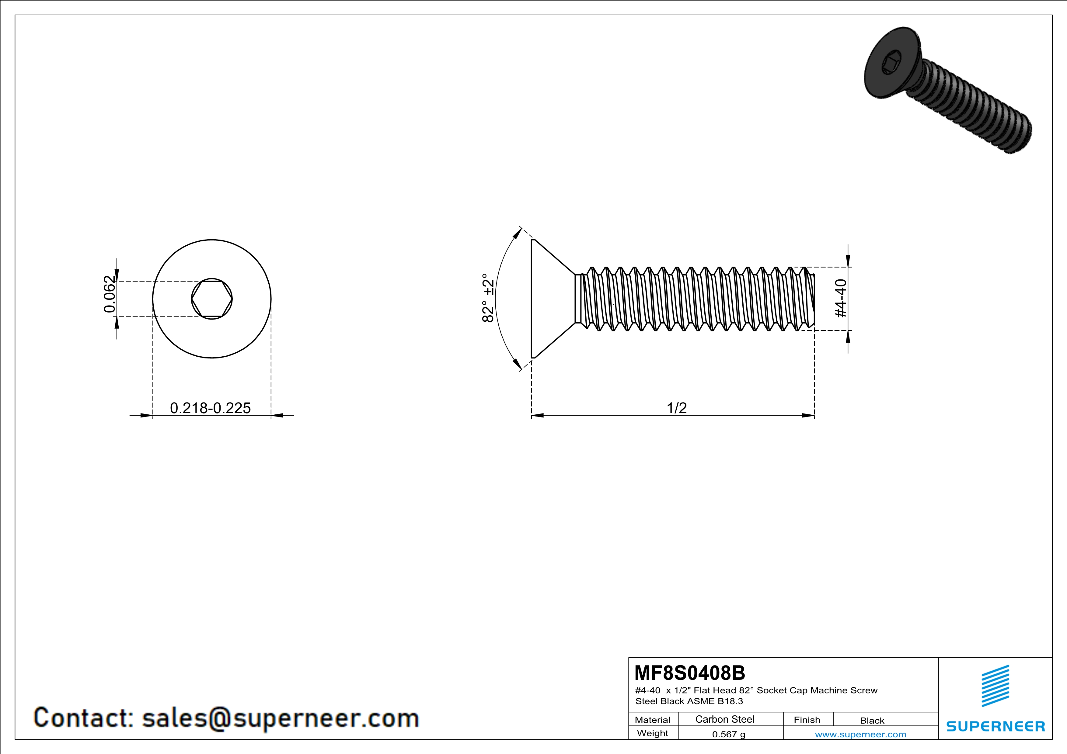 4-40 x 1/2" Flat Head 82&deg; Socket Cap Machine Screw Steel Black ASME B18.3