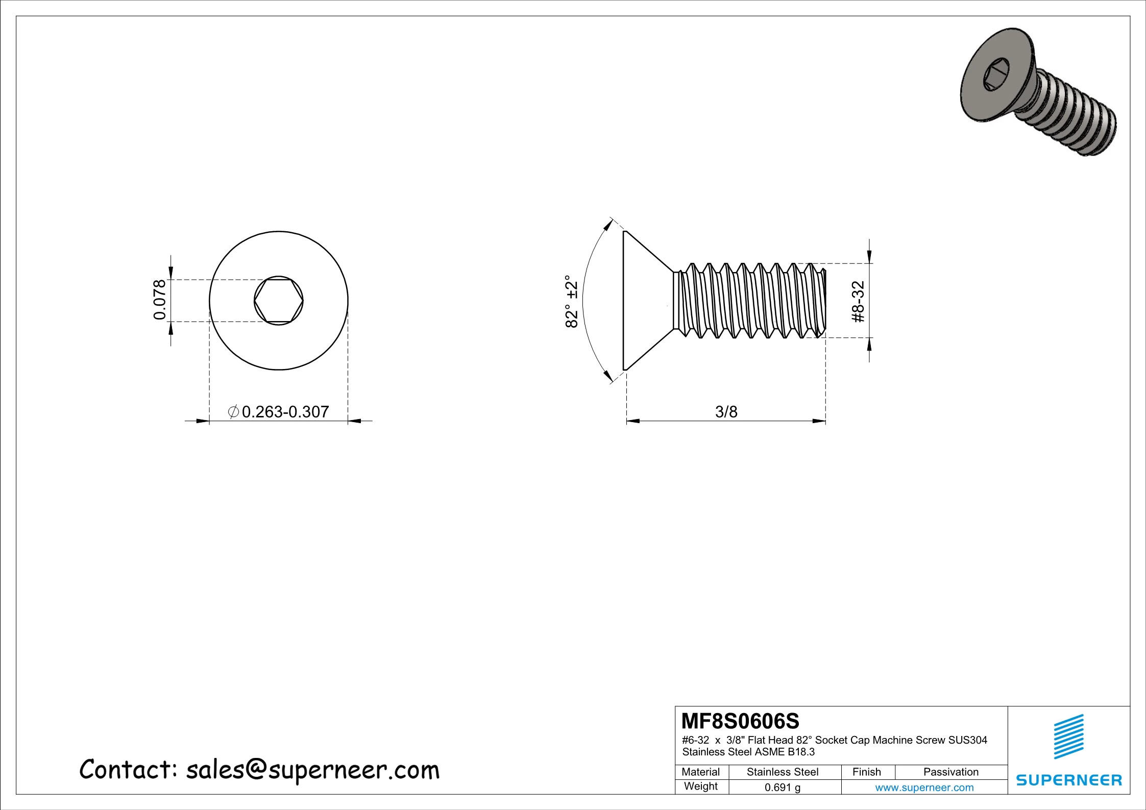 6-32 x 3/8 " Flat Head 82&deg; Socket Cap Machine Screw SUS304 Stainless Steel Inox ASME B18.3