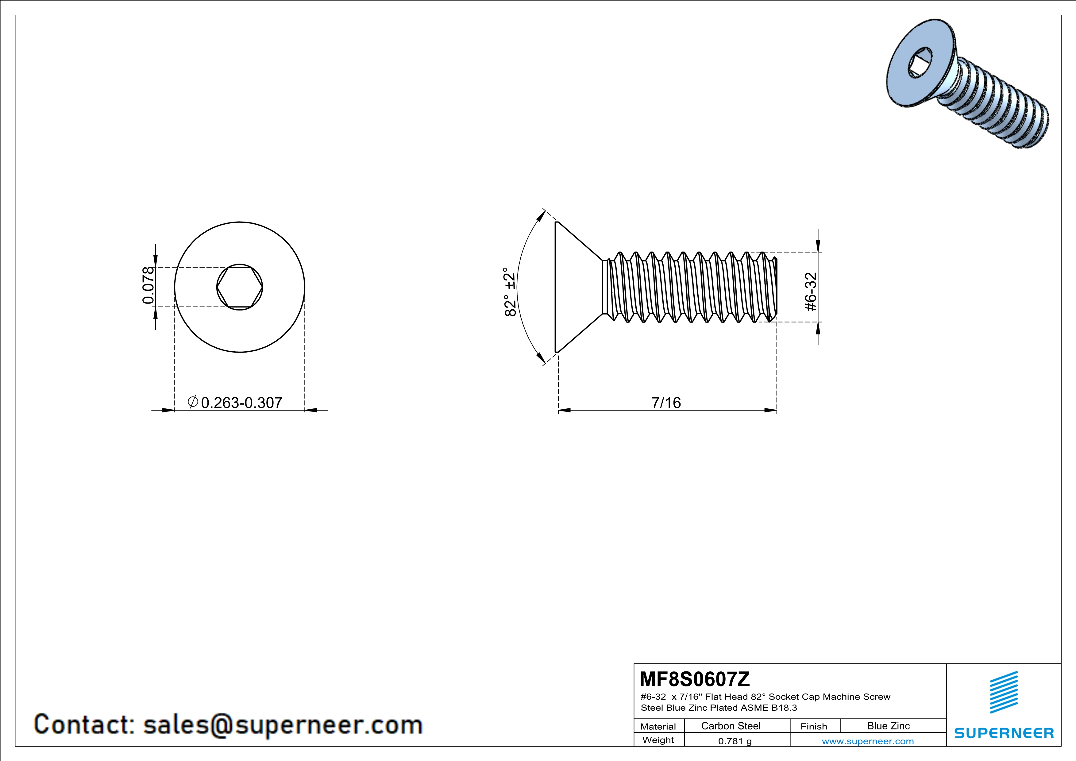6-32 x 7/16" Flat Head 82&deg; Socket Cap Machine Screw Steel Blue Zinc Plated ASME B18.3